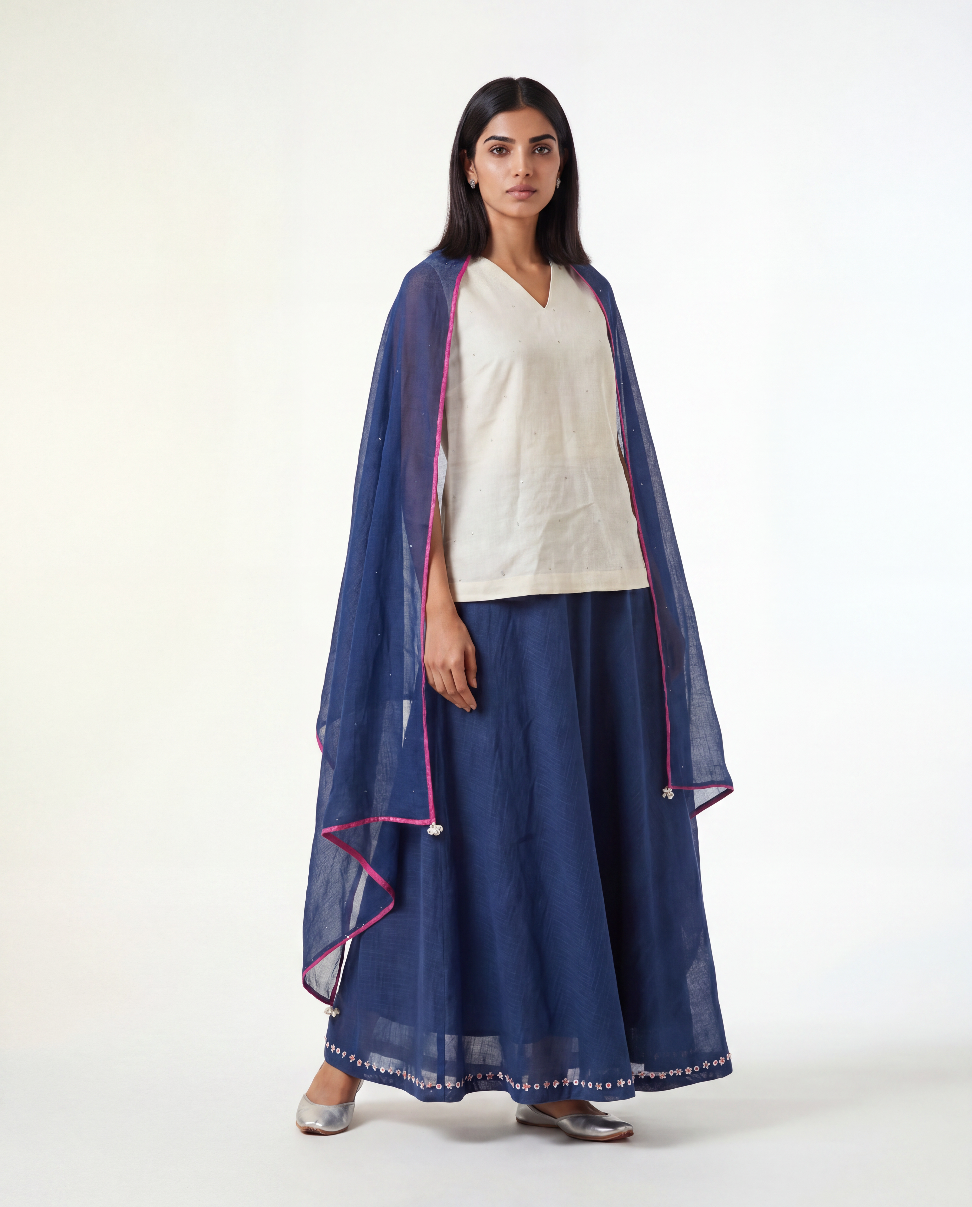 Asma Skirt Set - White & Navy Blue