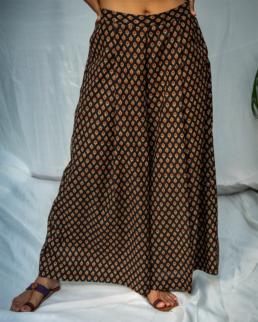 Black Blockprint Cotton Wide Leg Palazzo Pants