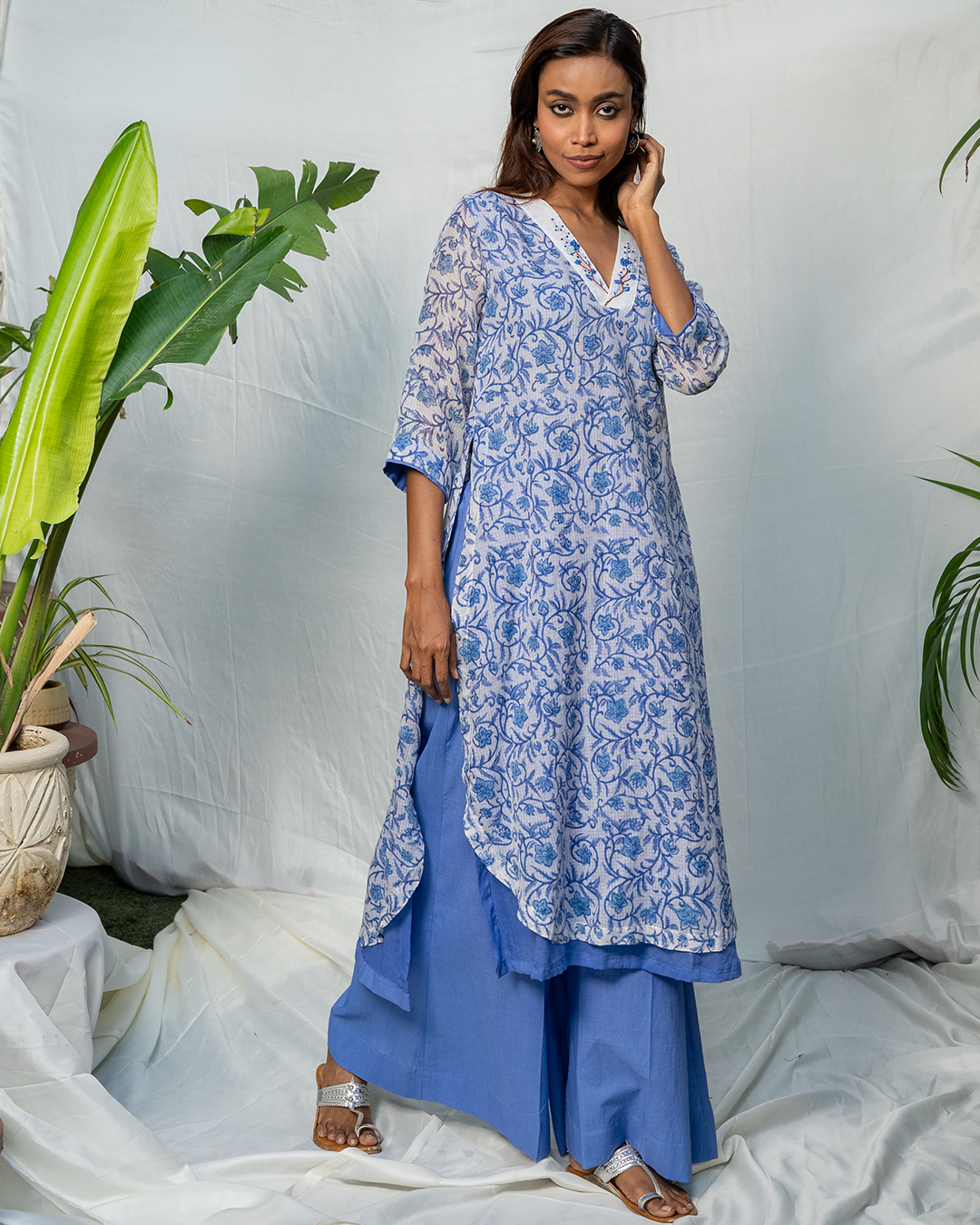 Blue Hand Block Printed Doria A-Line Kurta