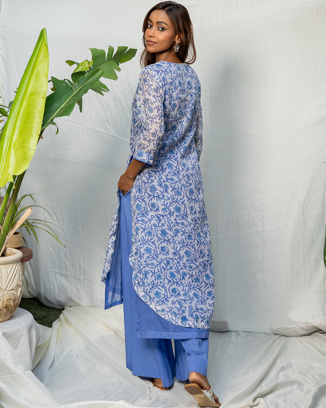 Blue Hand Block Printed Doria A-Line Kurta