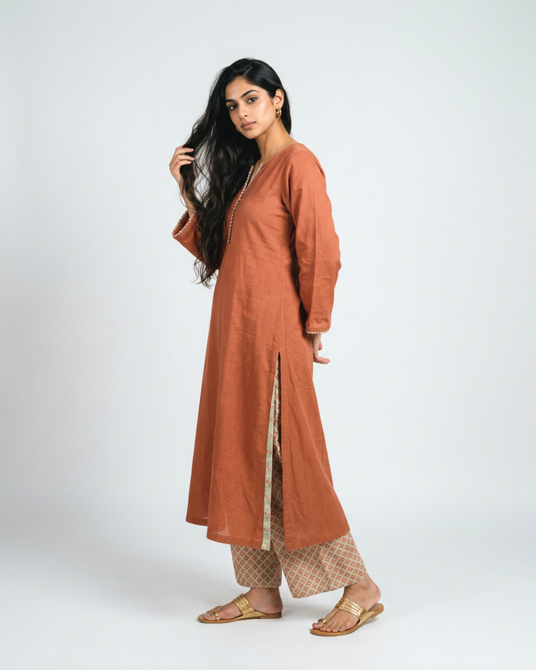 Dhun Mul Kurta Set - Brown & Sea Green