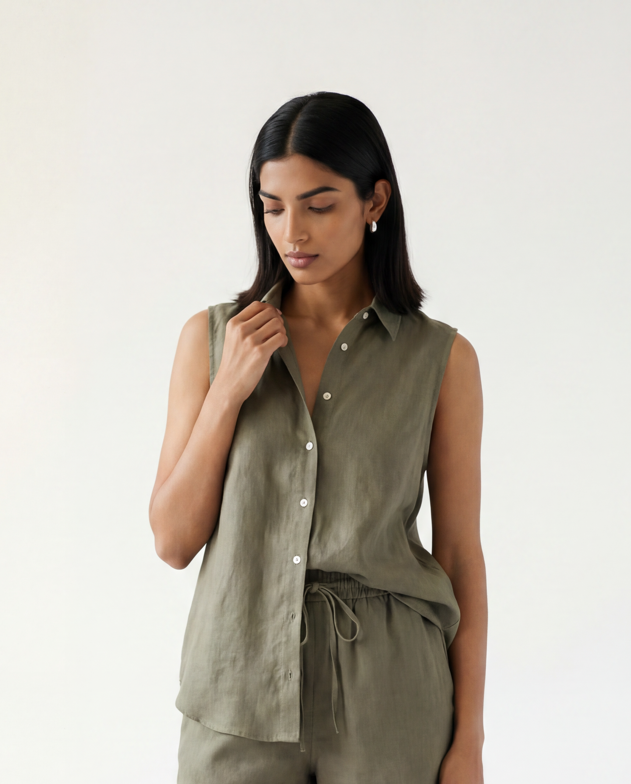 Solid Linen Sleeveless Shirt - Sage Green