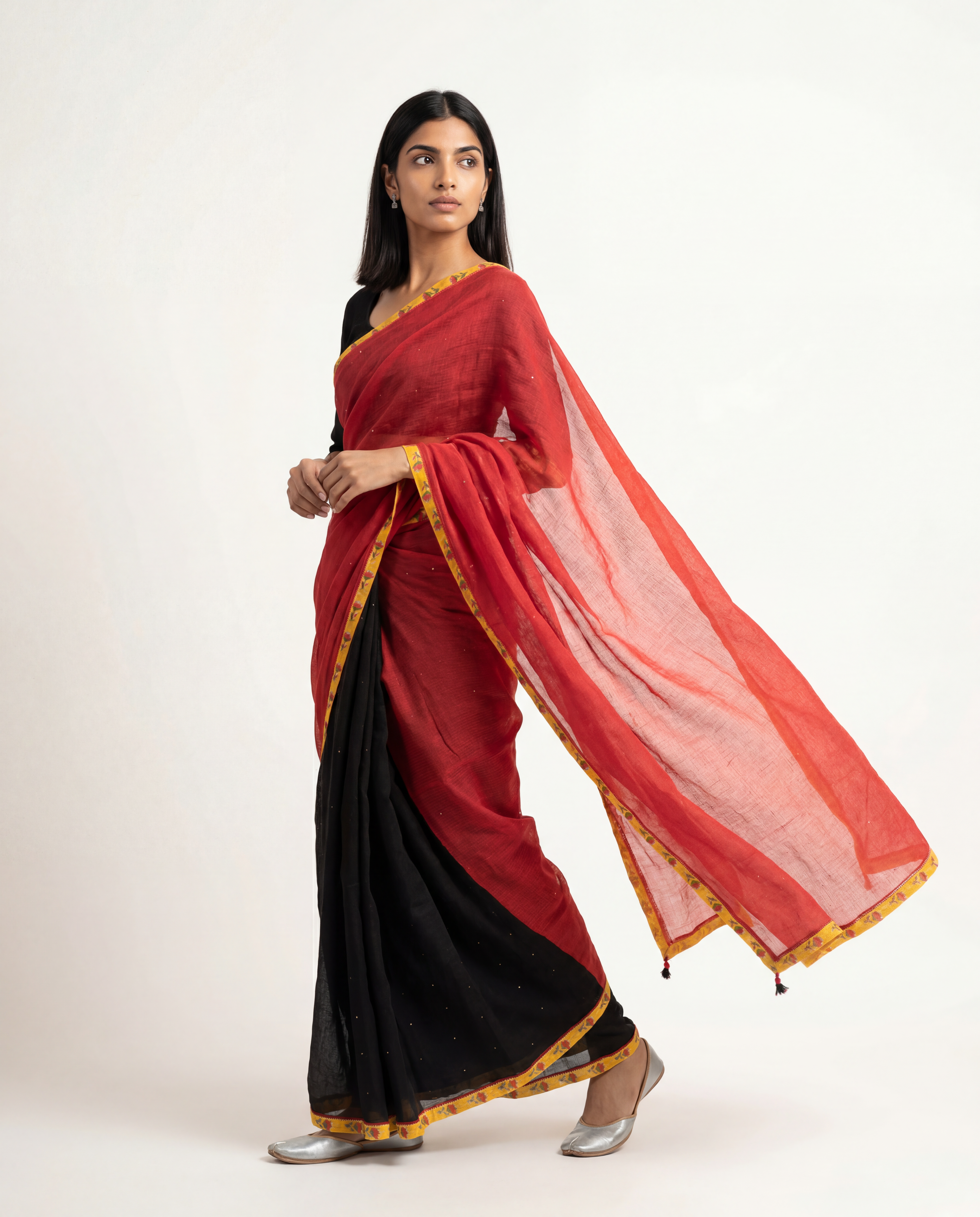 Glimmer Doria Saree - Black & Crimson Red