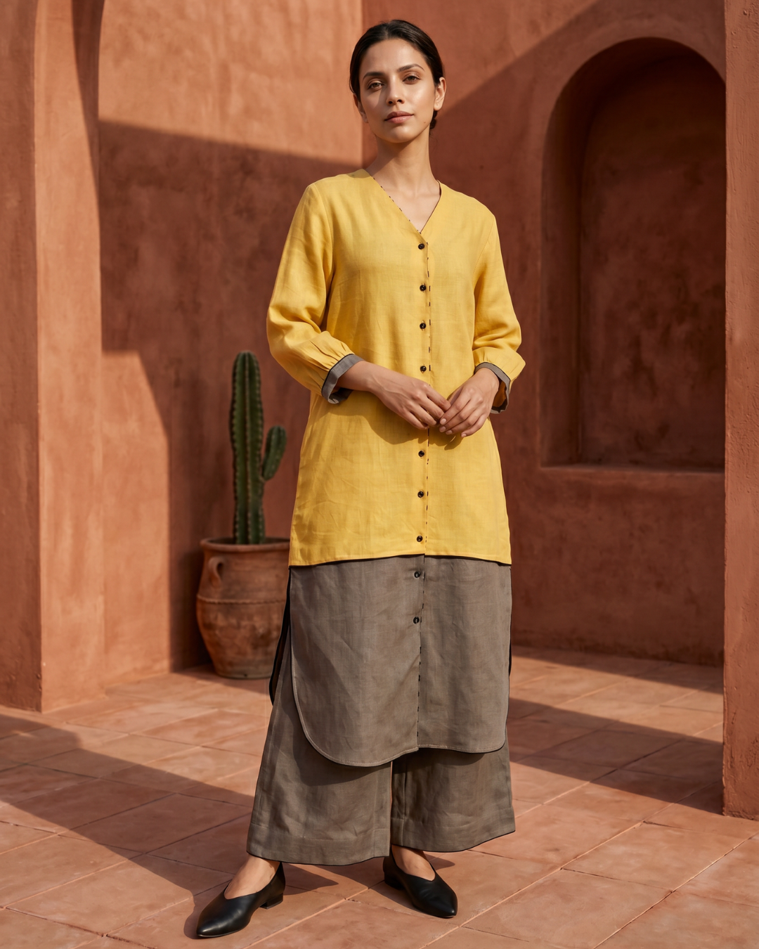 Industale-Driftblock Linen Kurta Set - Mustard Yellow-1