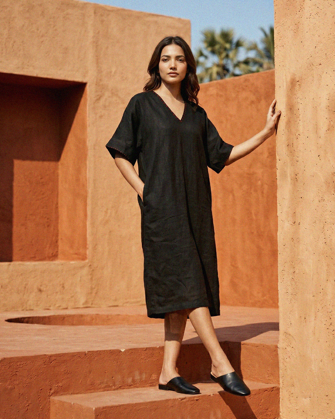 Industale-Flora Kaftan Linen Dress - Black-1