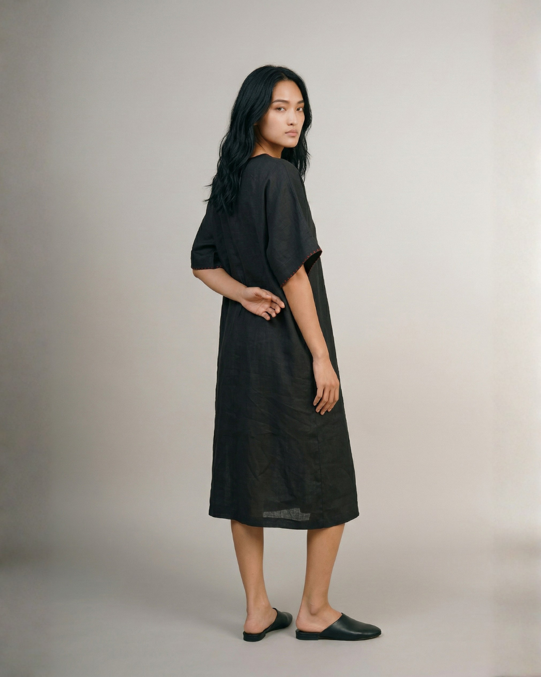 Industale-Flora Kaftan Linen Dress - Black-5