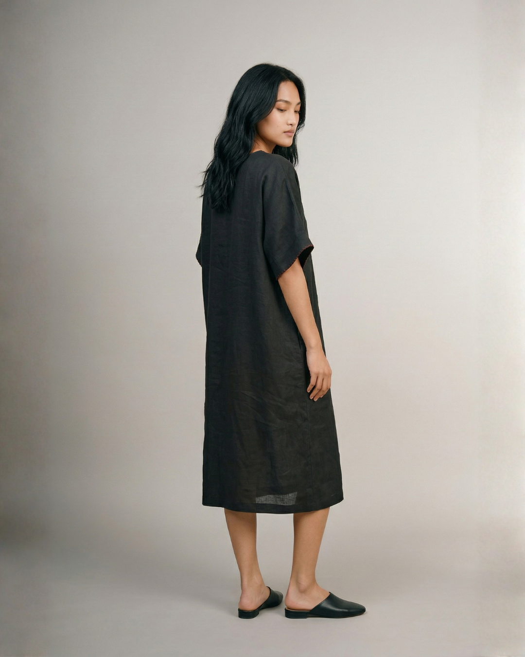 Industale-Flora Kaftan Linen Dress - Black-7