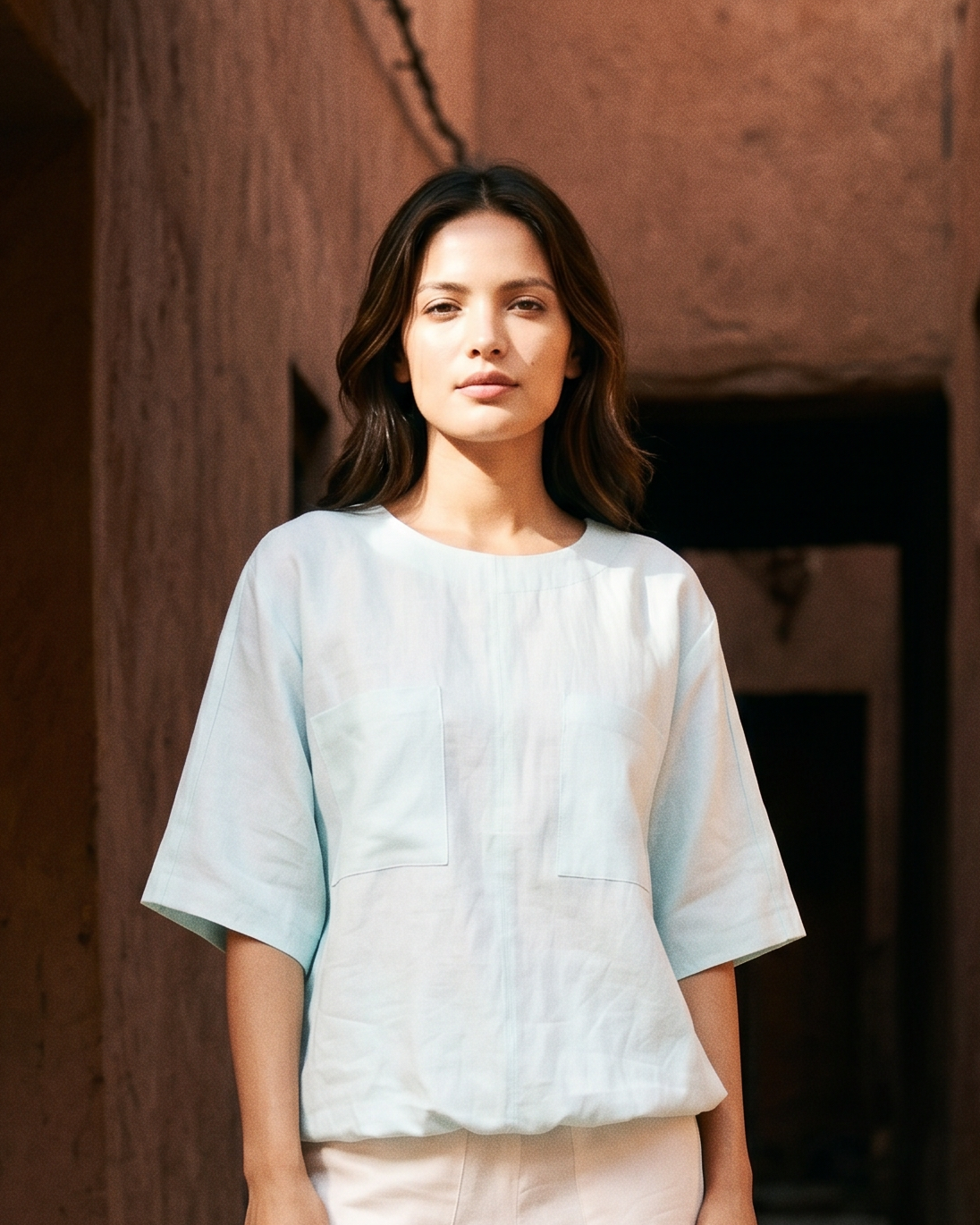 Industale-Fluid Linen Top - Mint Blue-1