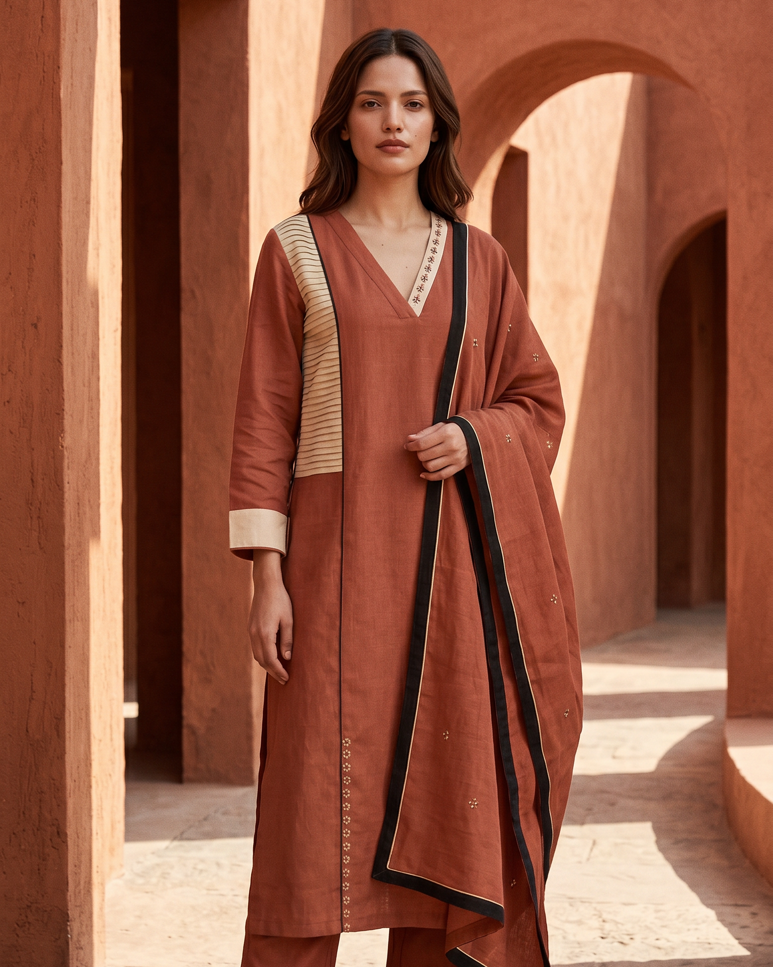 Industale-Lava Linen Kurta - Terracotta Red-1