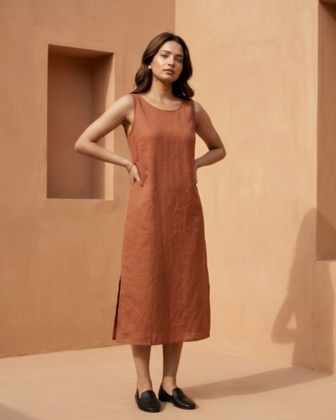 IndustaleLinear Linen Dress - Terracotta Red-1