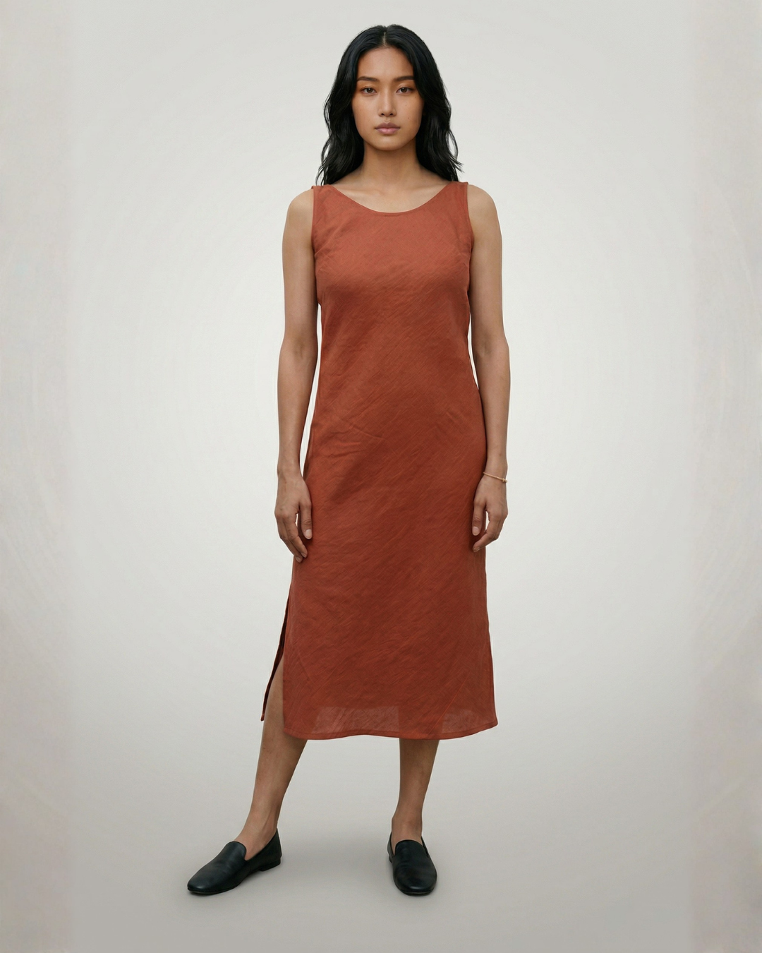 IndustaleLinear Linen Dress - Terracotta Red-2
