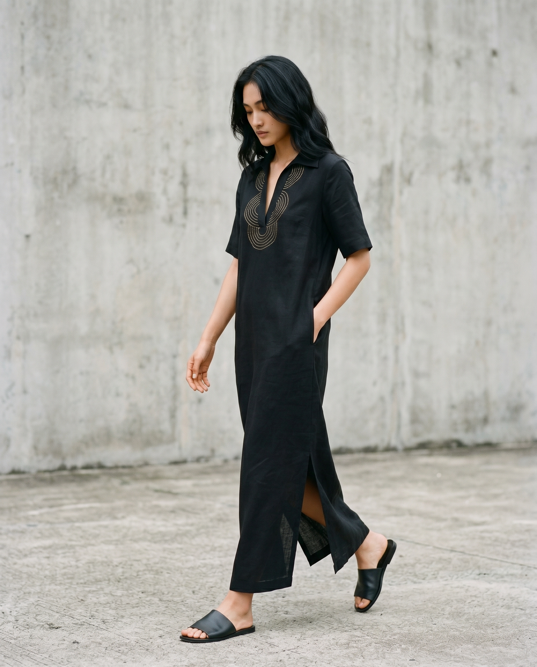 Shop Charcoal Gold Linen Dress