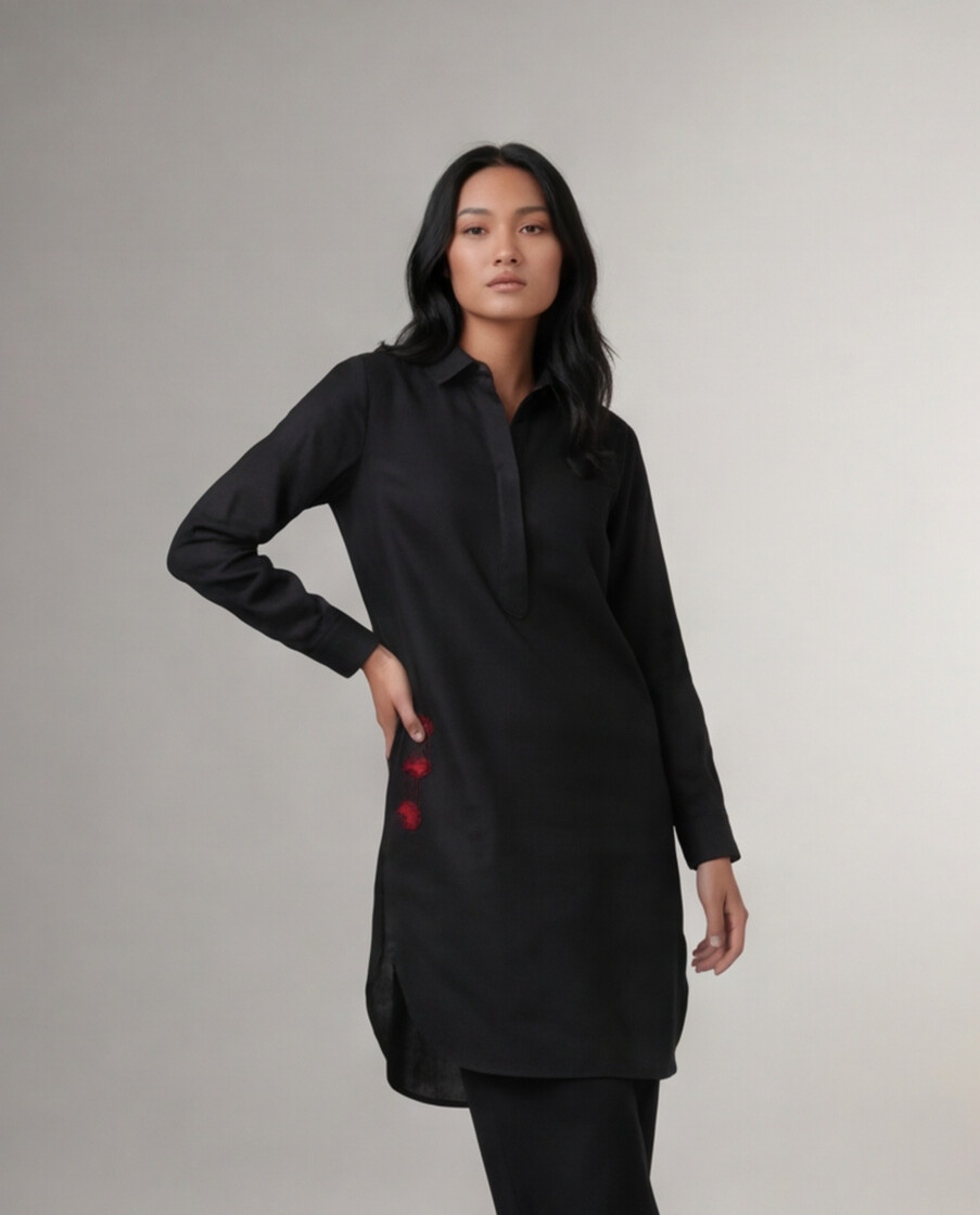 Insdustale Charcoal Linen Kurta - Black 1