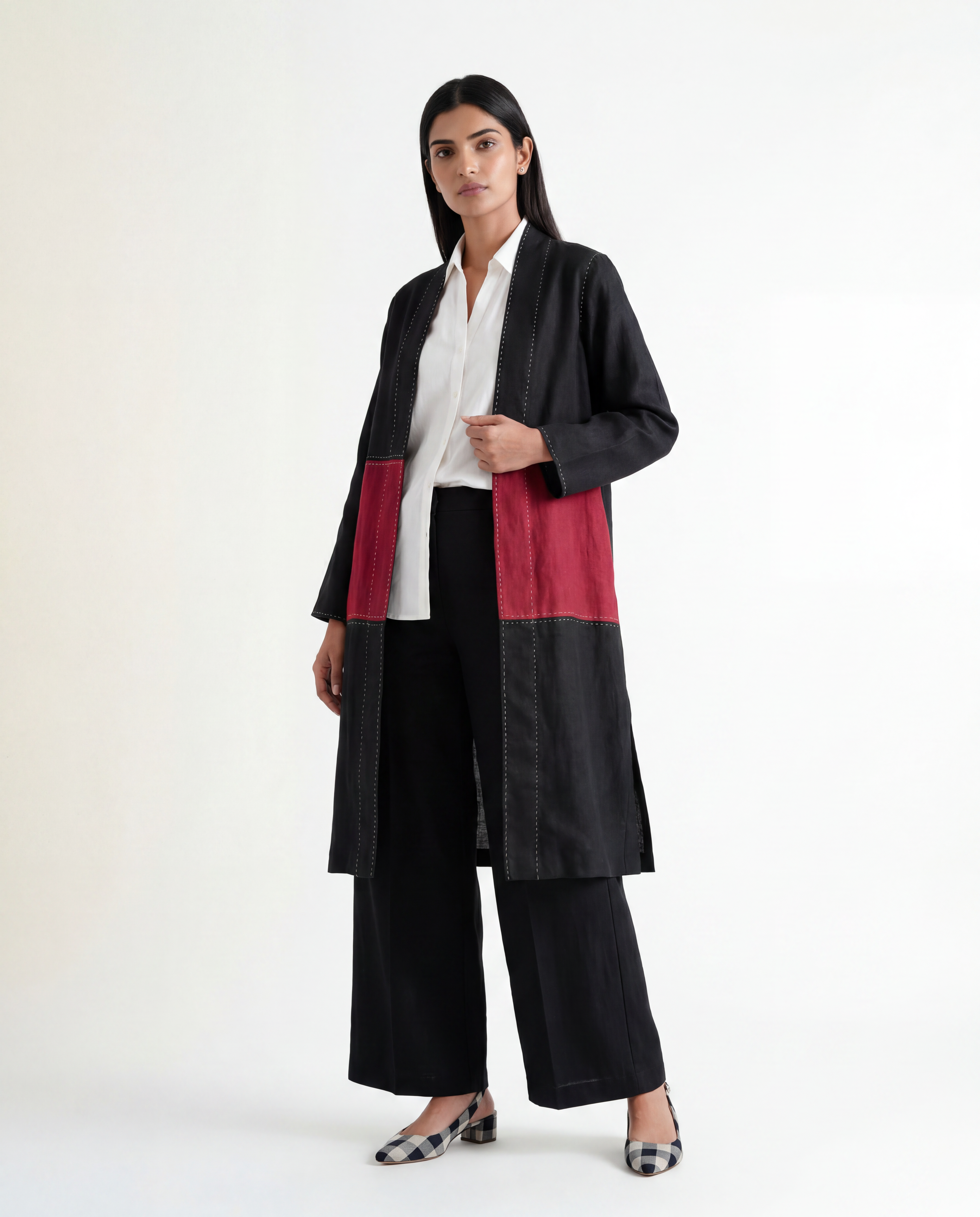 Kadam Linen Jacket - Black & Crimson Red