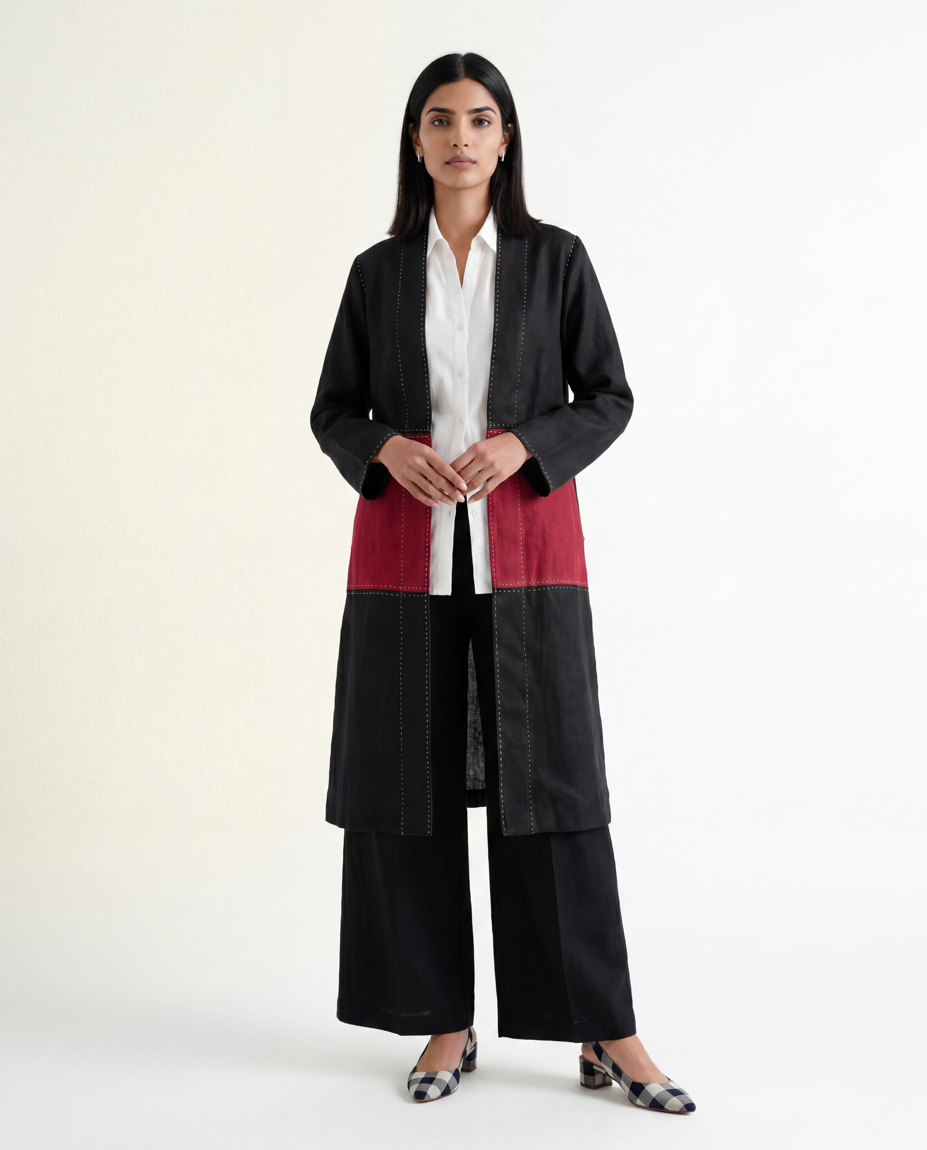 Kadam Linen Jacket - Black & Crimson Red