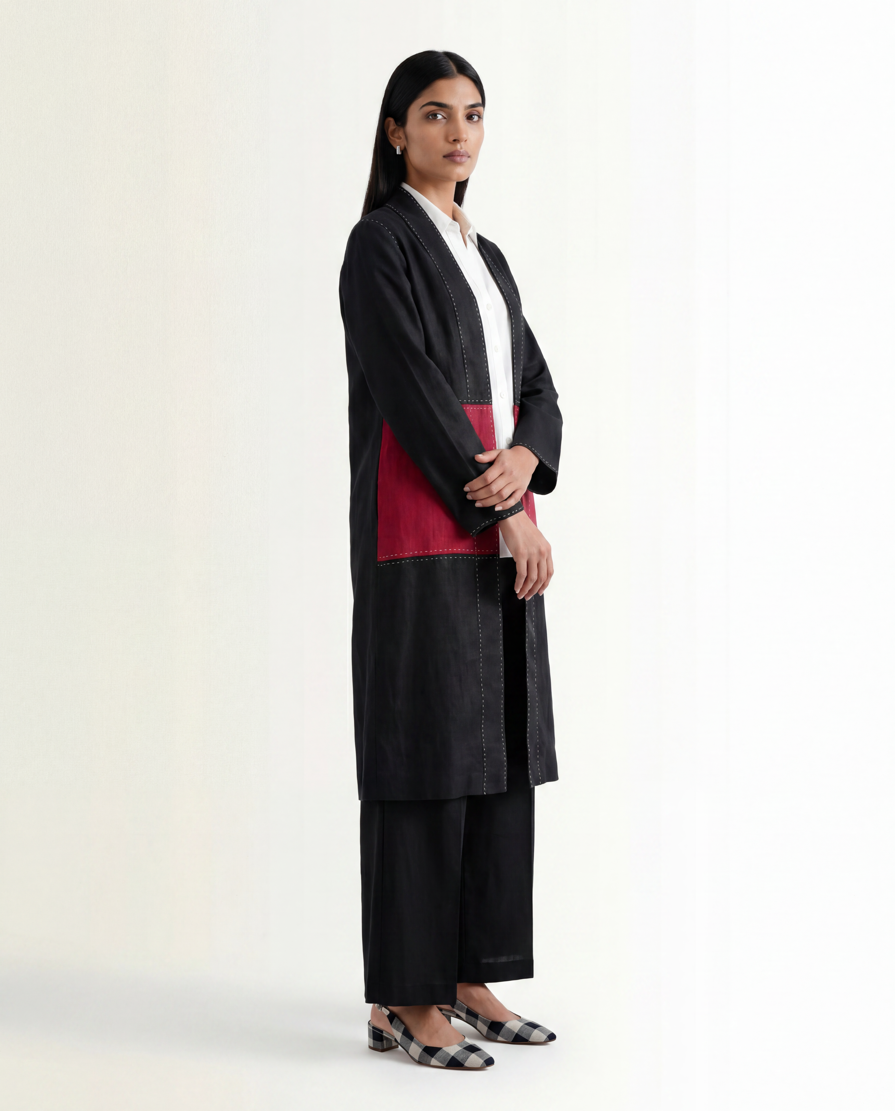 Kadam Linen Jacket - Black & Crimson Red