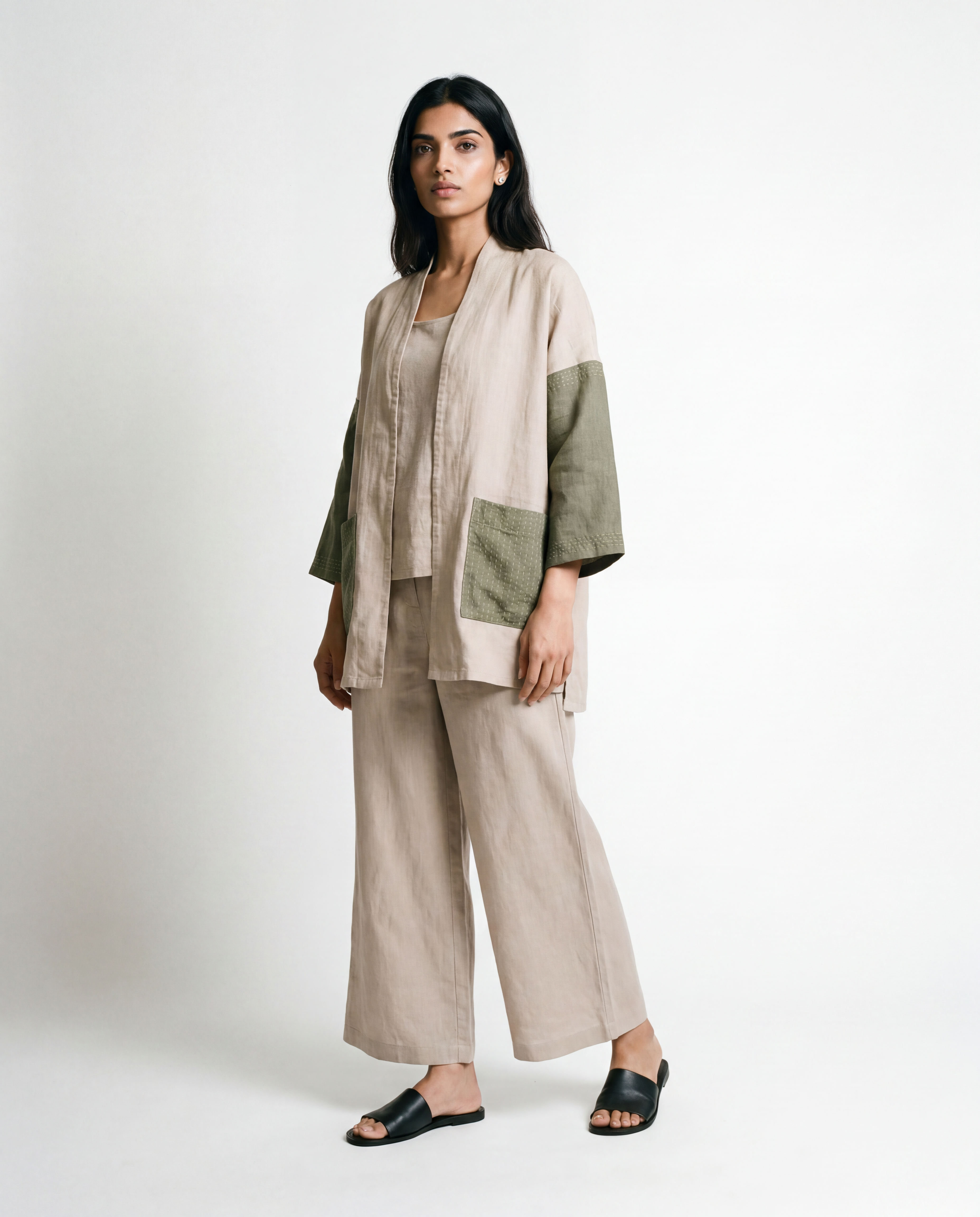 Roam Linen Coord Set - Beige & Sage Green