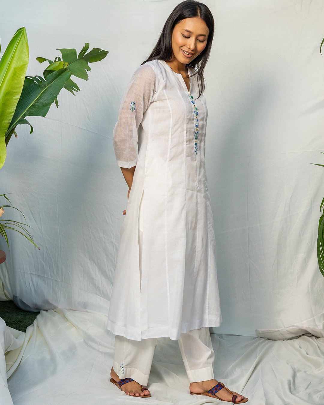 White Doria A-Line Kurta with Hand Embroidery