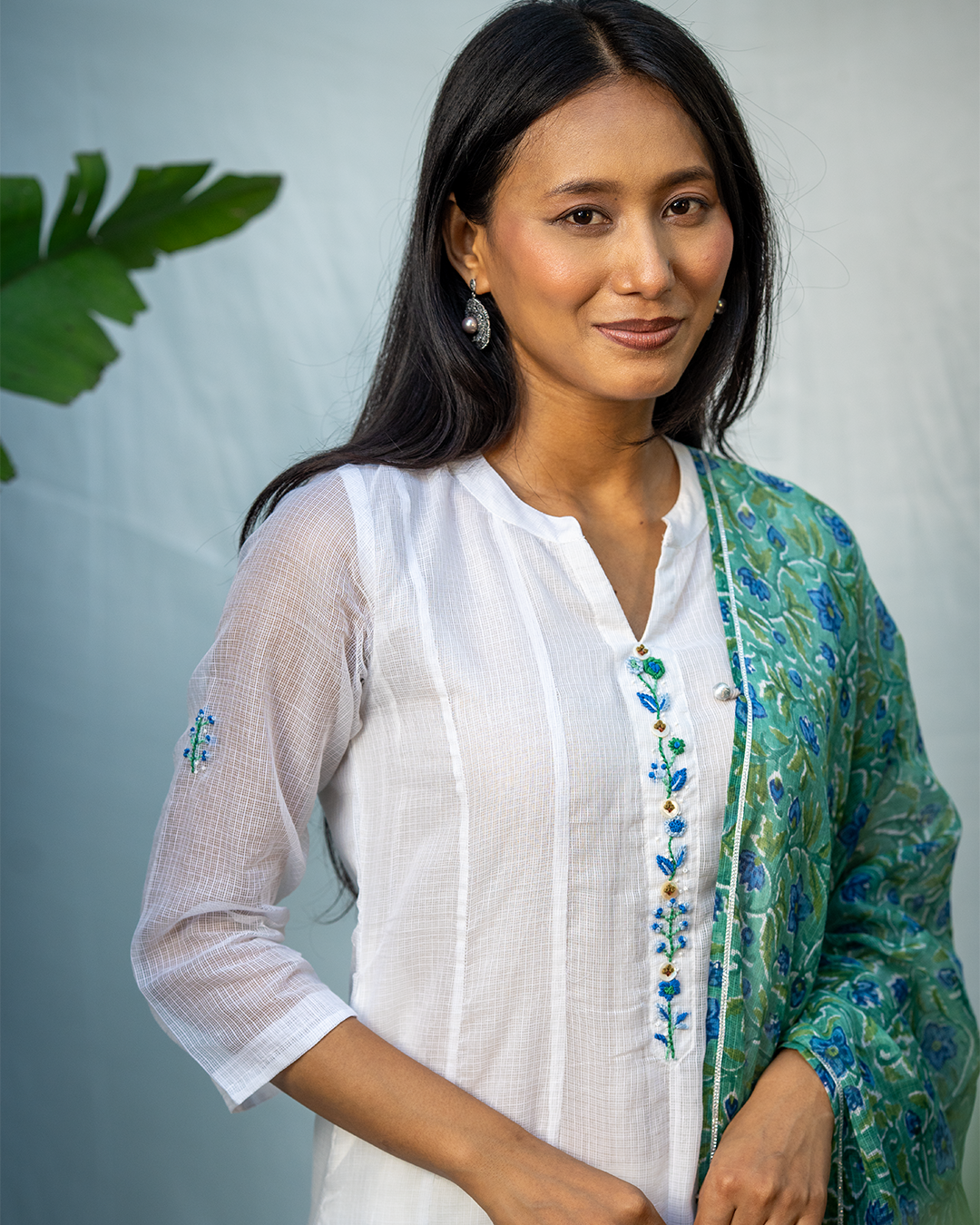 White Doria A-Line Kurta with Hand Embroidery