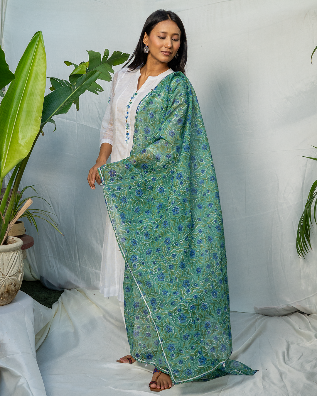 White Doria A-Line Kurta Set with Green Handblock Dupatta