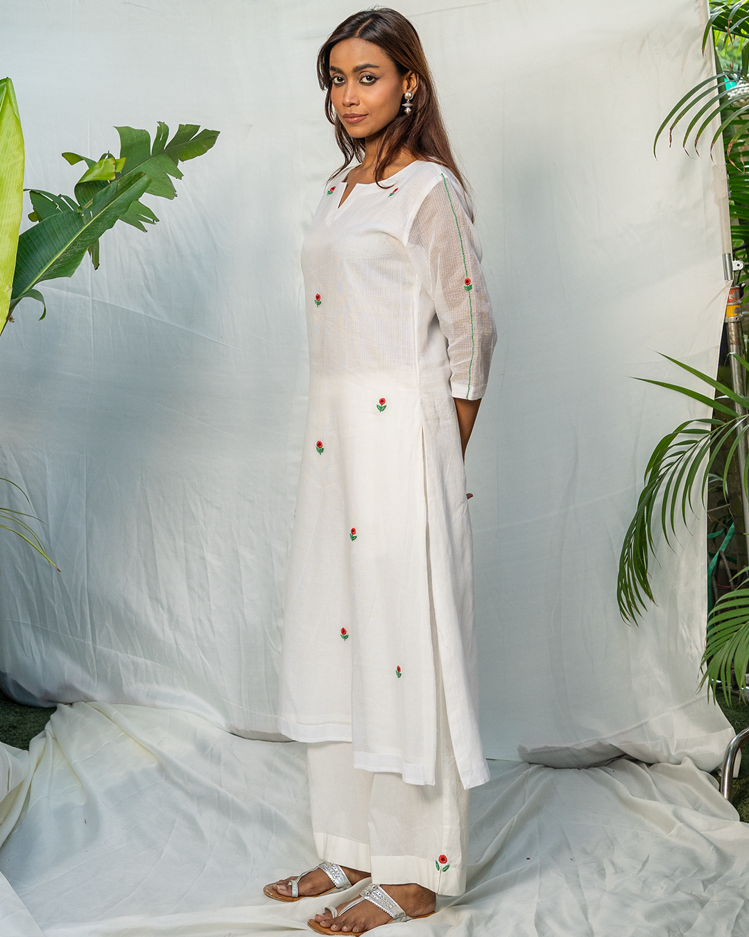 White Doria Staright Fit Kurta with Hand Embroidery