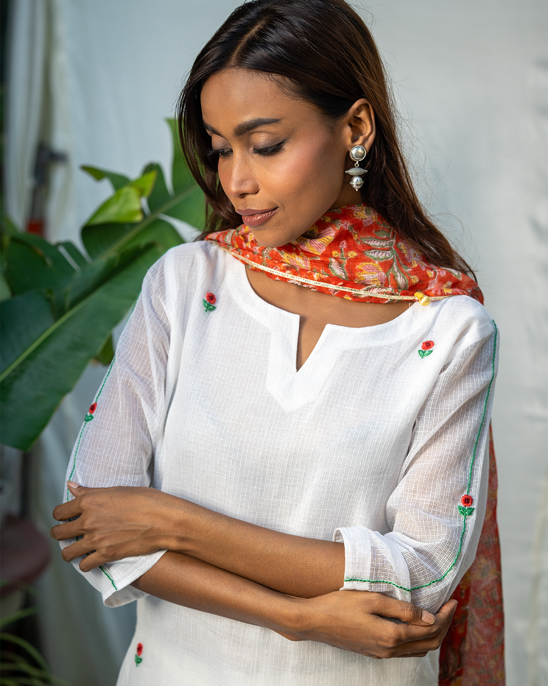 White Doria Staright Fit Kurta with Hand Embroidery