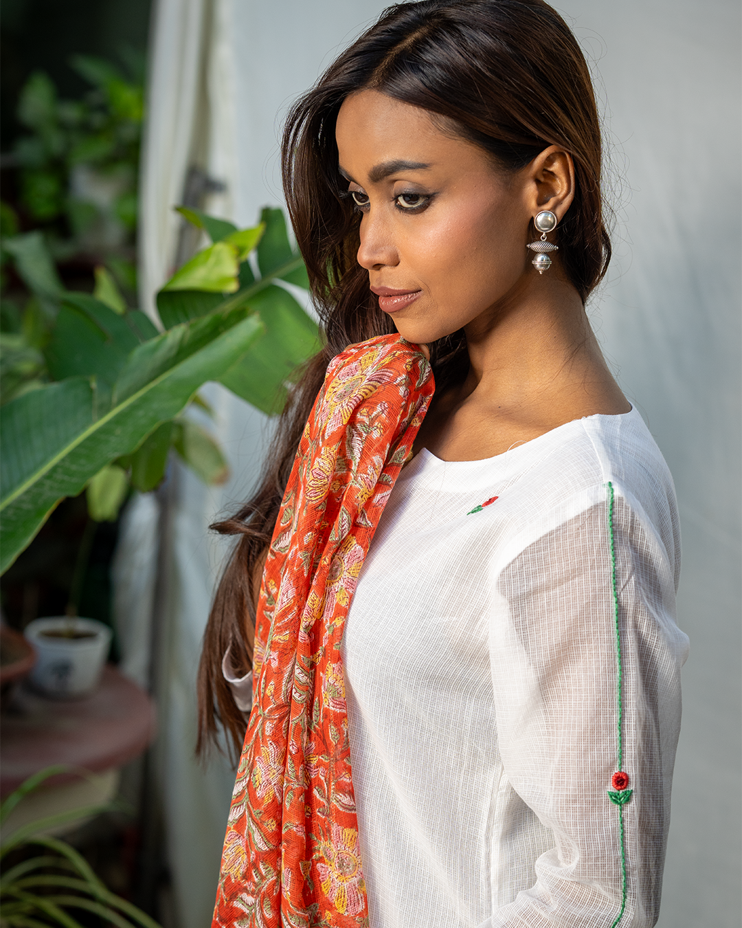 White Doria Staright Fit Kurta with Hand Embroidery