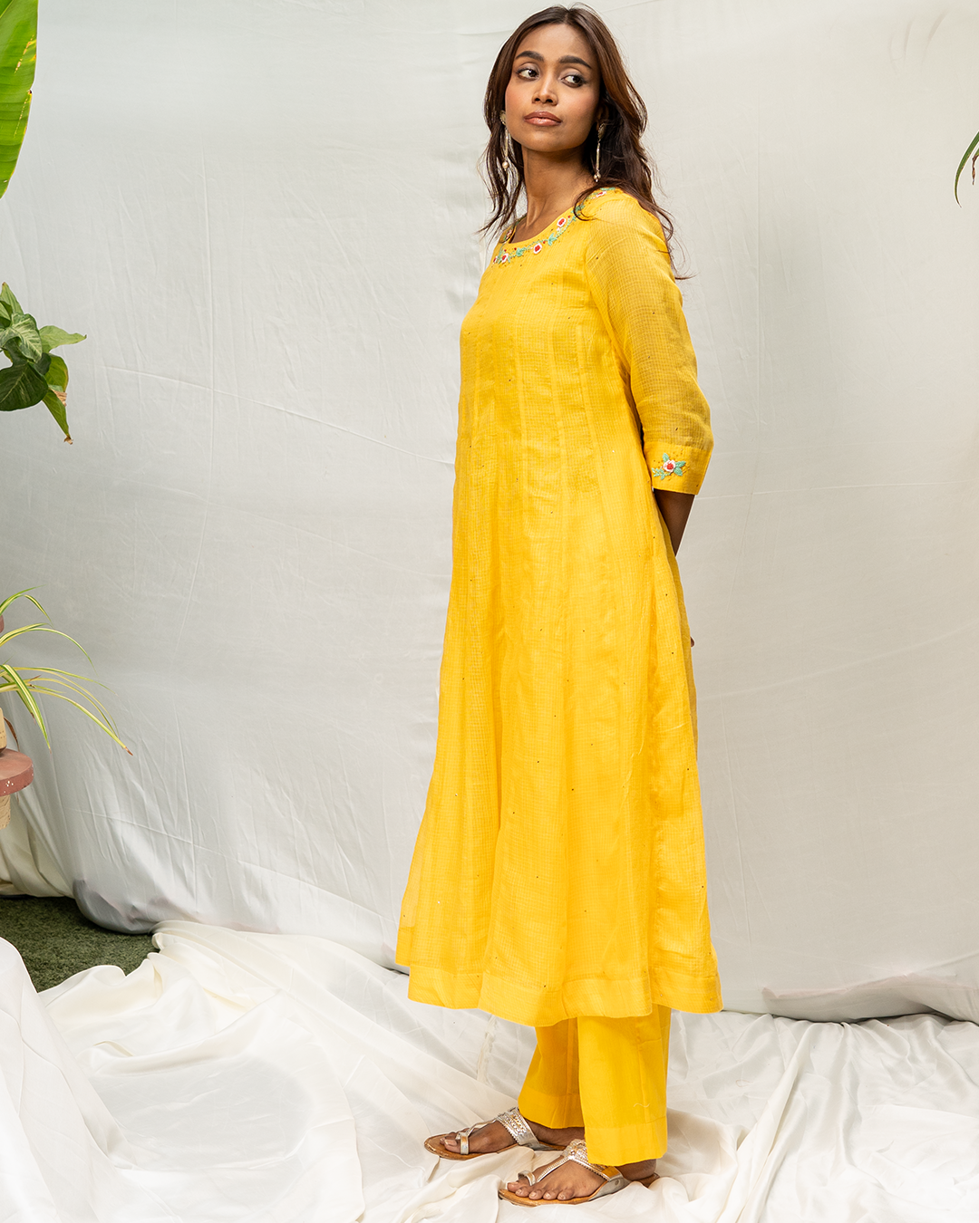 Yellow Mukaish Doria Anarkali Kurta Set with Dupatta