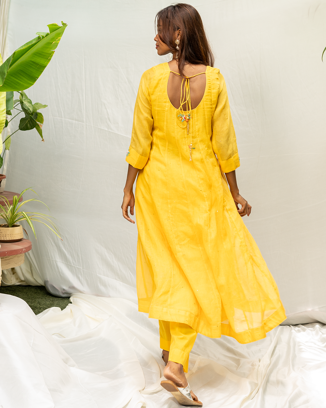 Yellow Mukaish Doria Anarkali Kurta Set with Dupatta