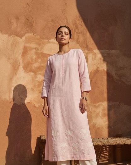 Blossom Linen Kurta - Baby Pink