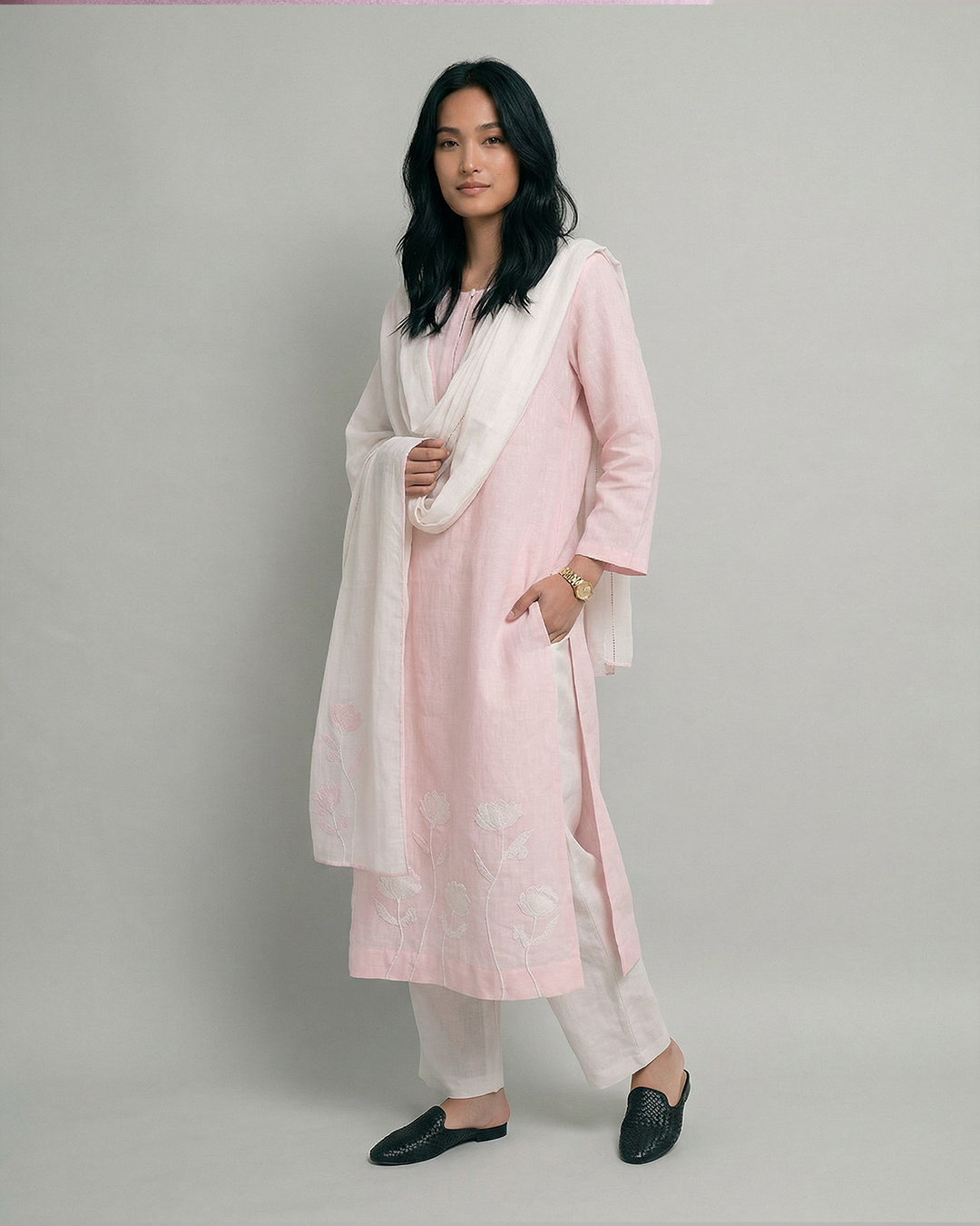 Blossom Linen Kurta Set - Baby Pink