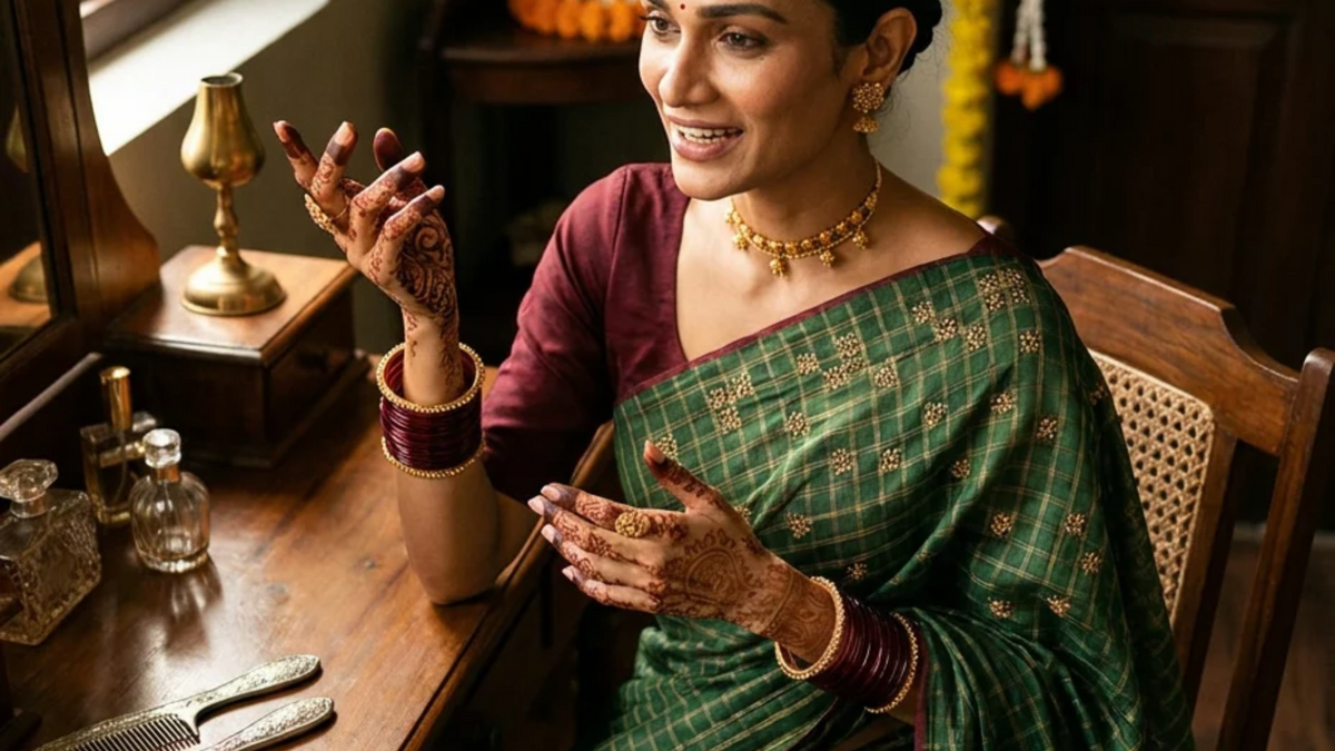 Karva Chauth outfit - deep maroon chanderi saree with zari border and hand embroidery from Industale DOR