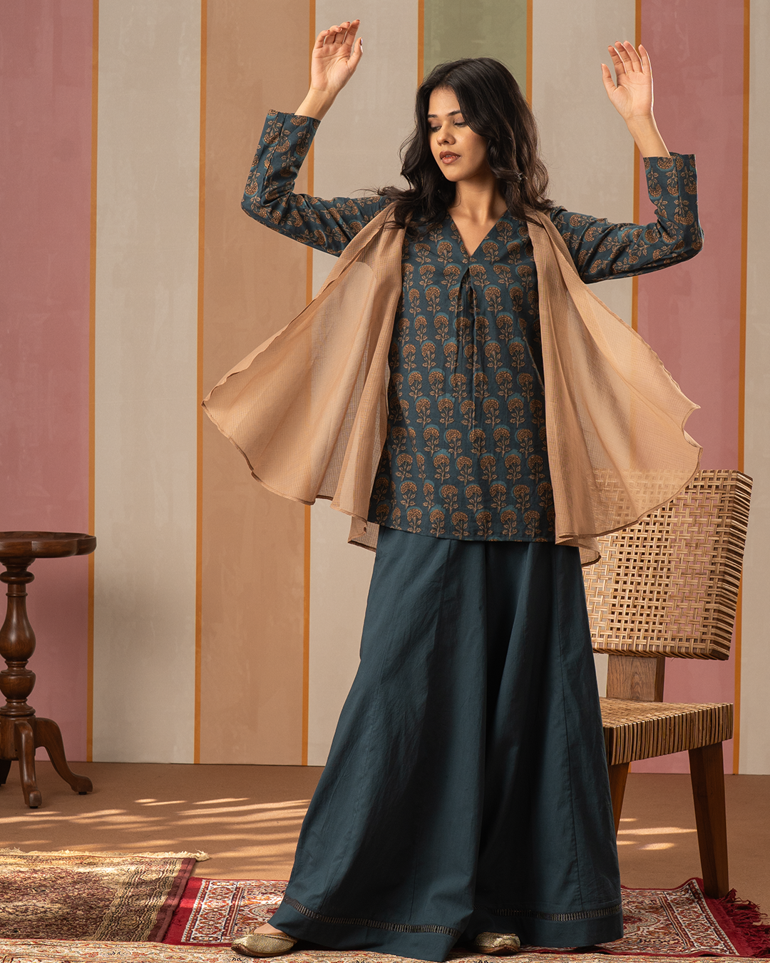 Blue and Brown Cotton Doria Blockprint Coord Set with Jacket - Industale