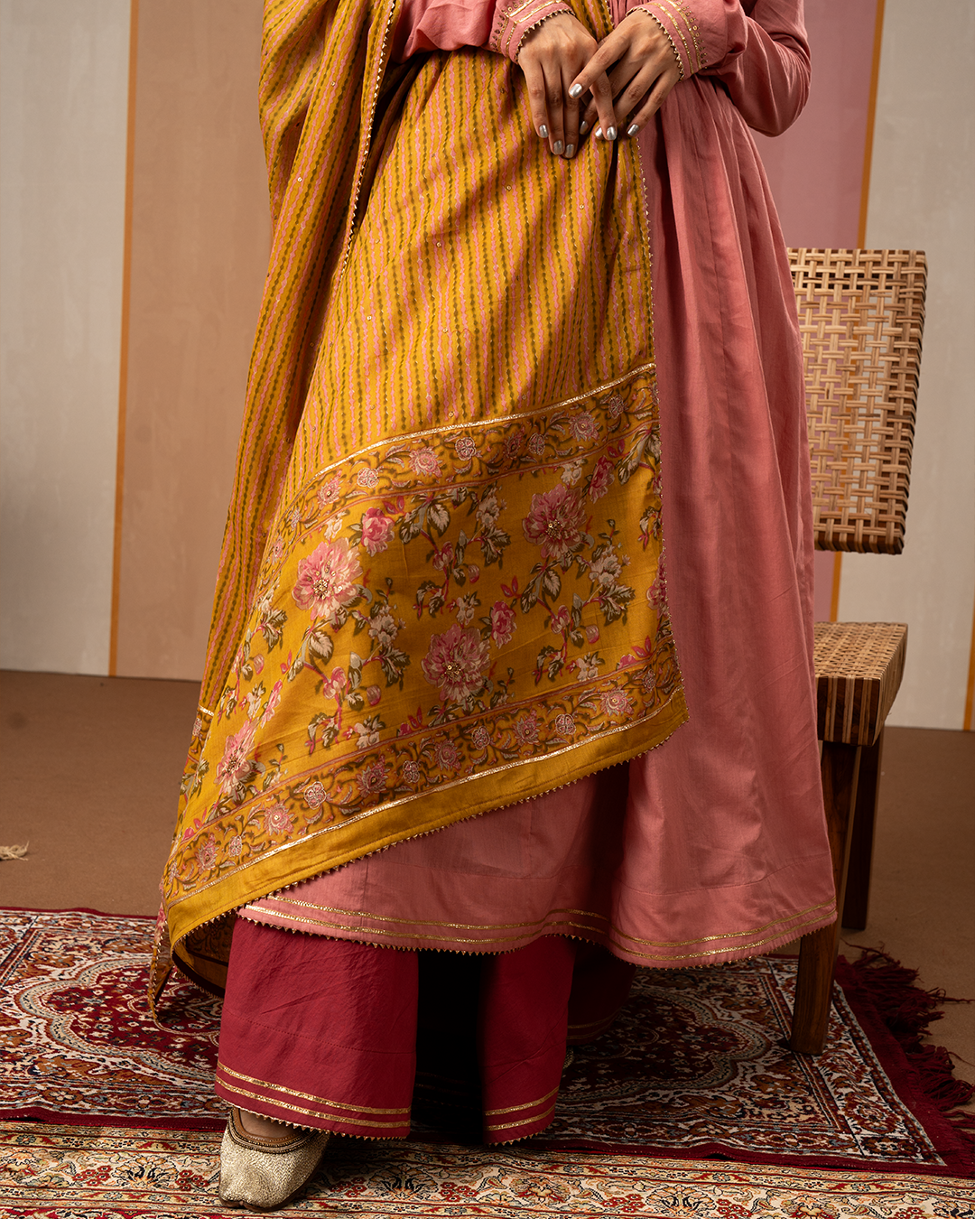 Dark Pink Solid Cotton Long Skirt with Gota - Industale