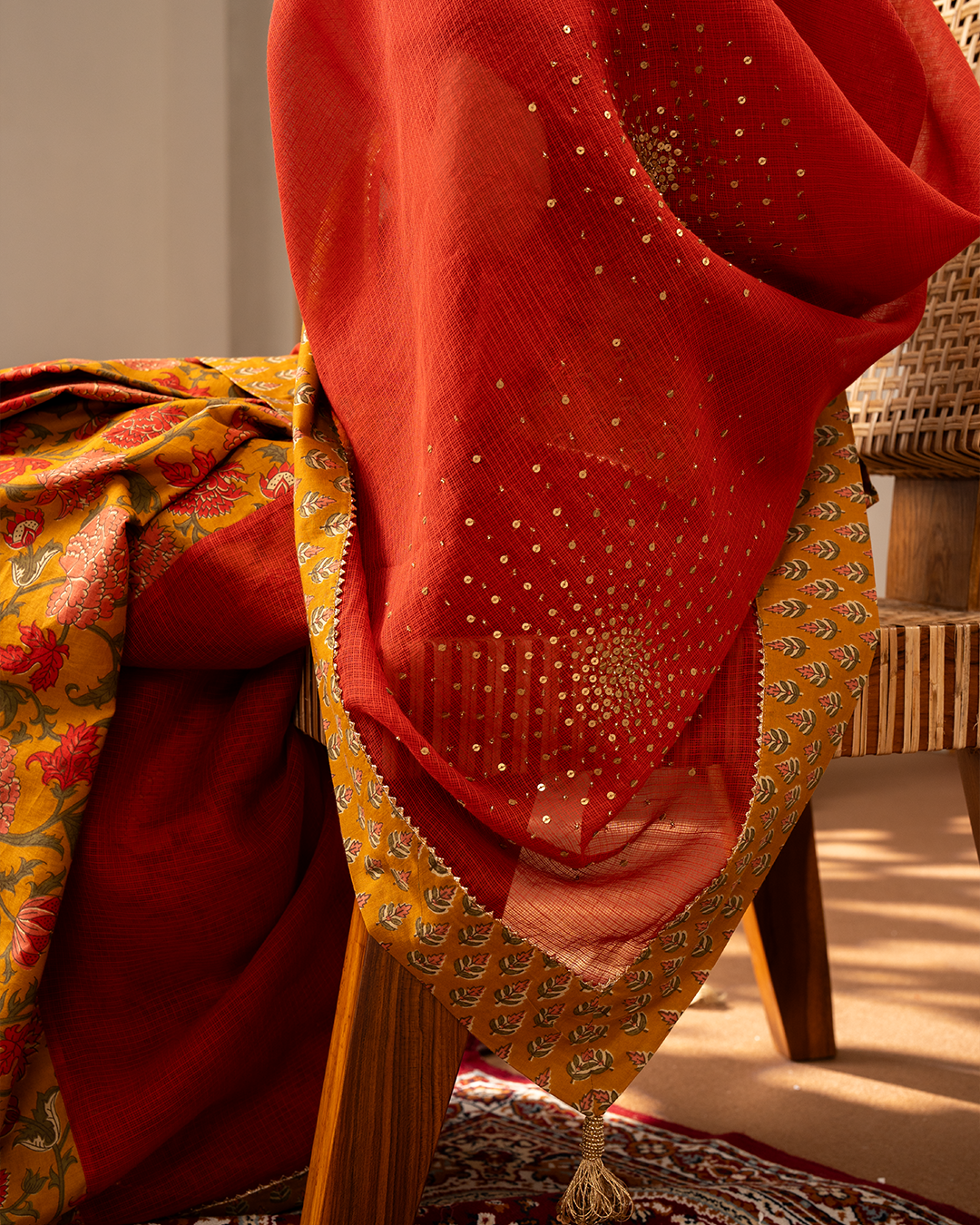 Red and Yellow Doria Blockprint Cotton Saree with Embroidery - Industale