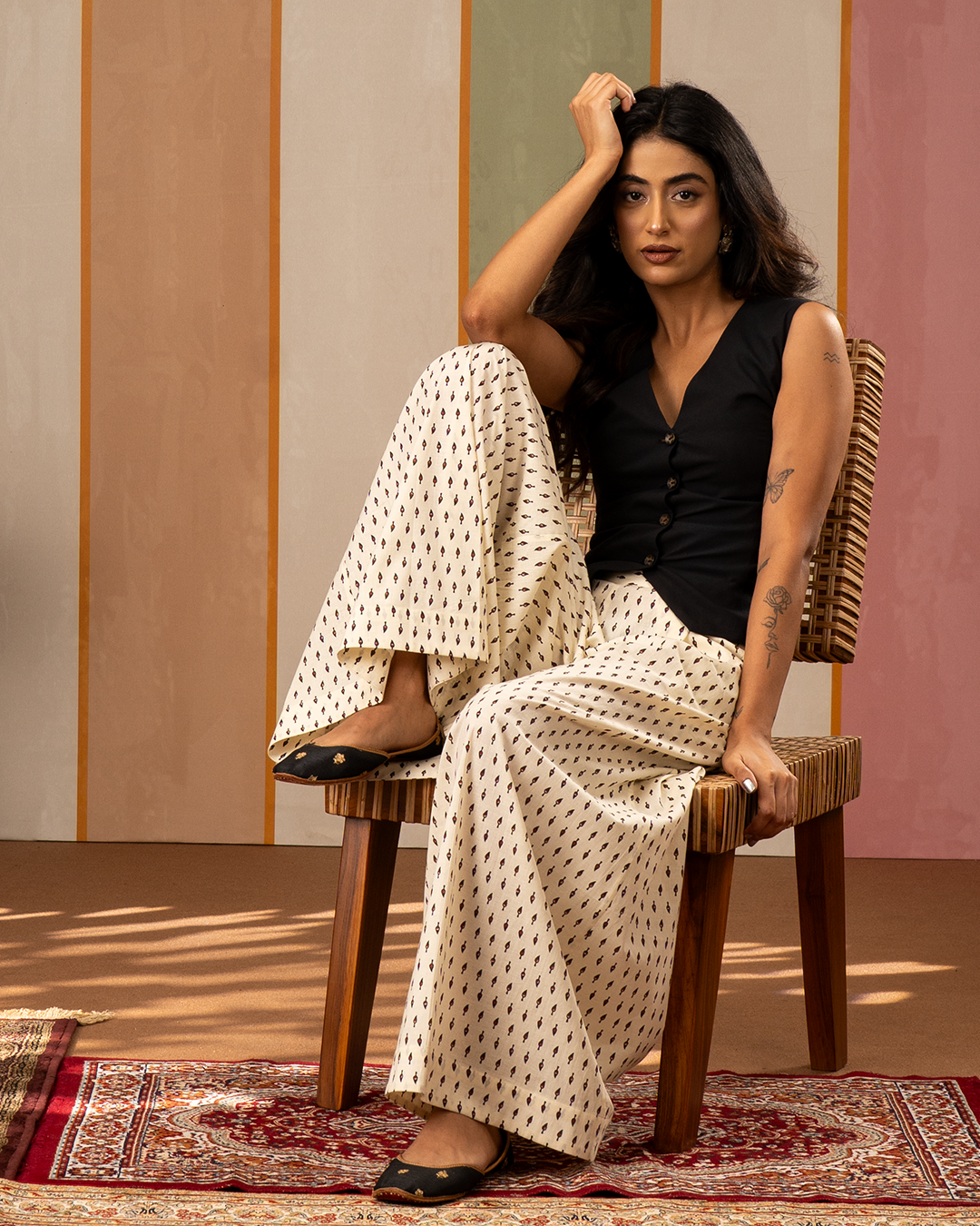 Black and White Waistcoat Blockprint Coord Set - Industale