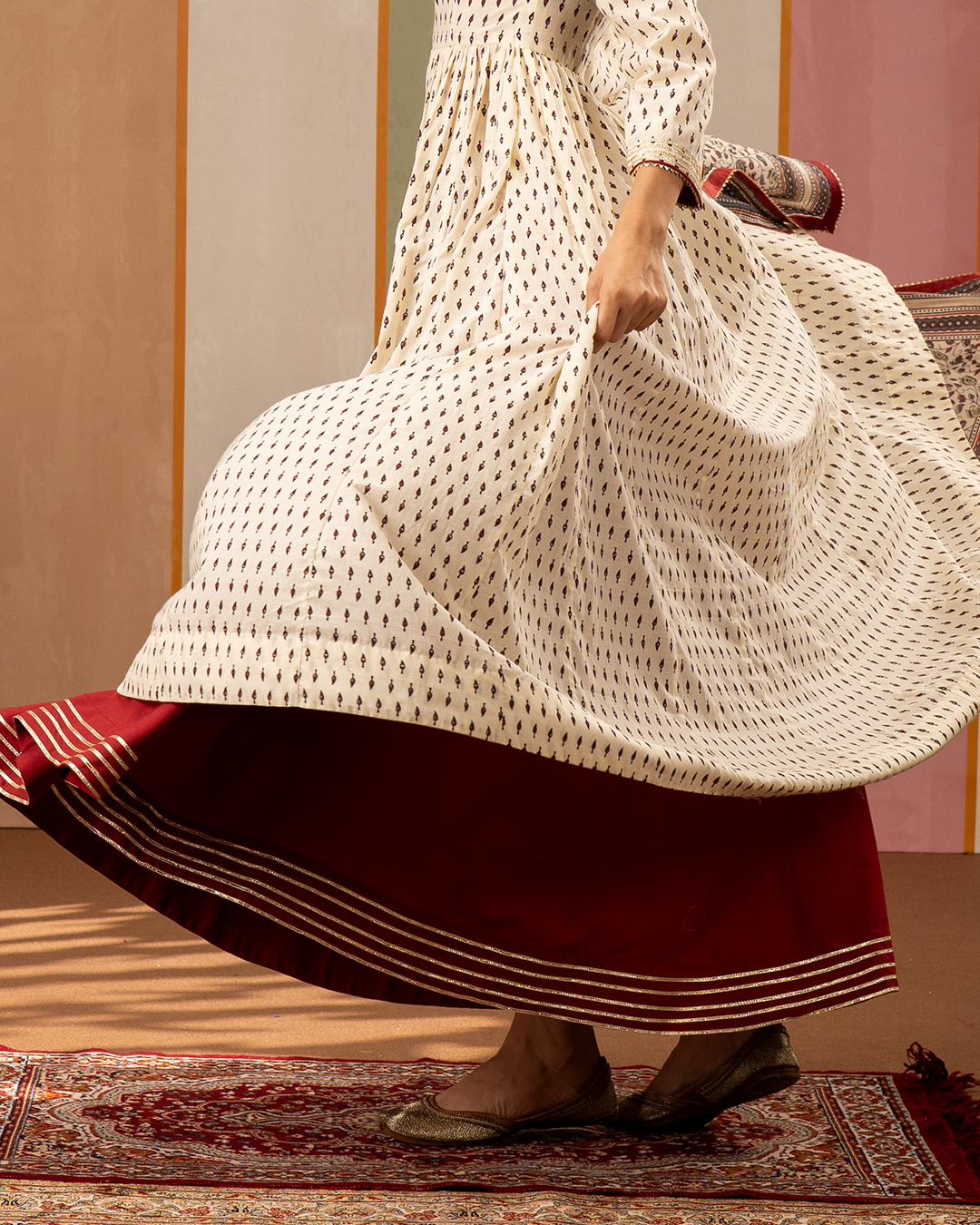 Maroon Solid Cotton Long Skirt with Gota - Industale