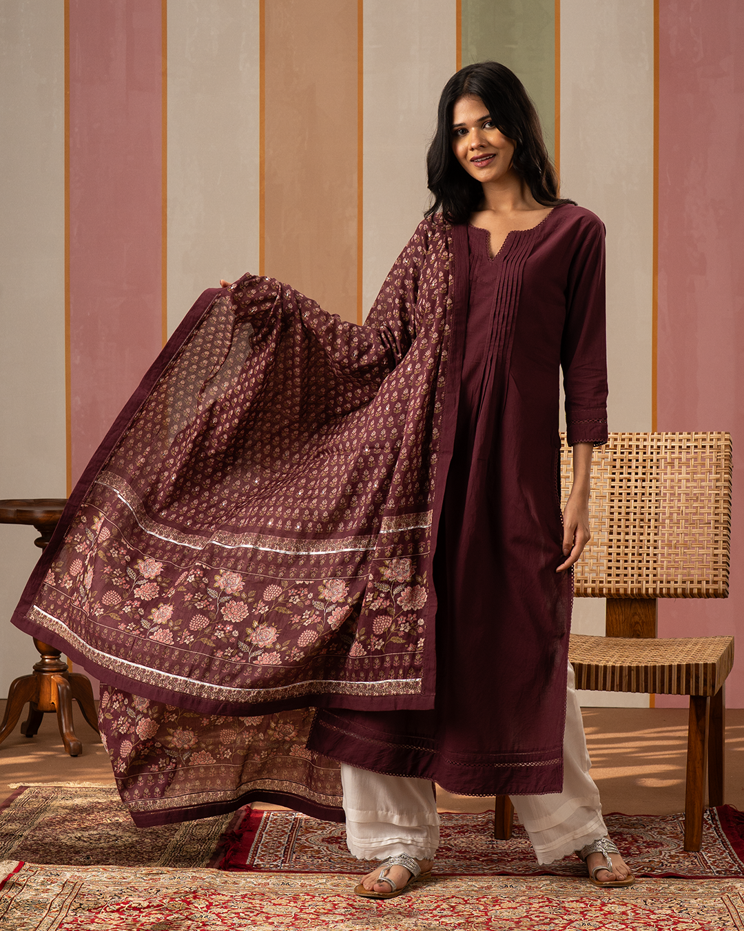 Purple Solid Cotton Kurta Set with Printed Cotton Dupatta - Industale