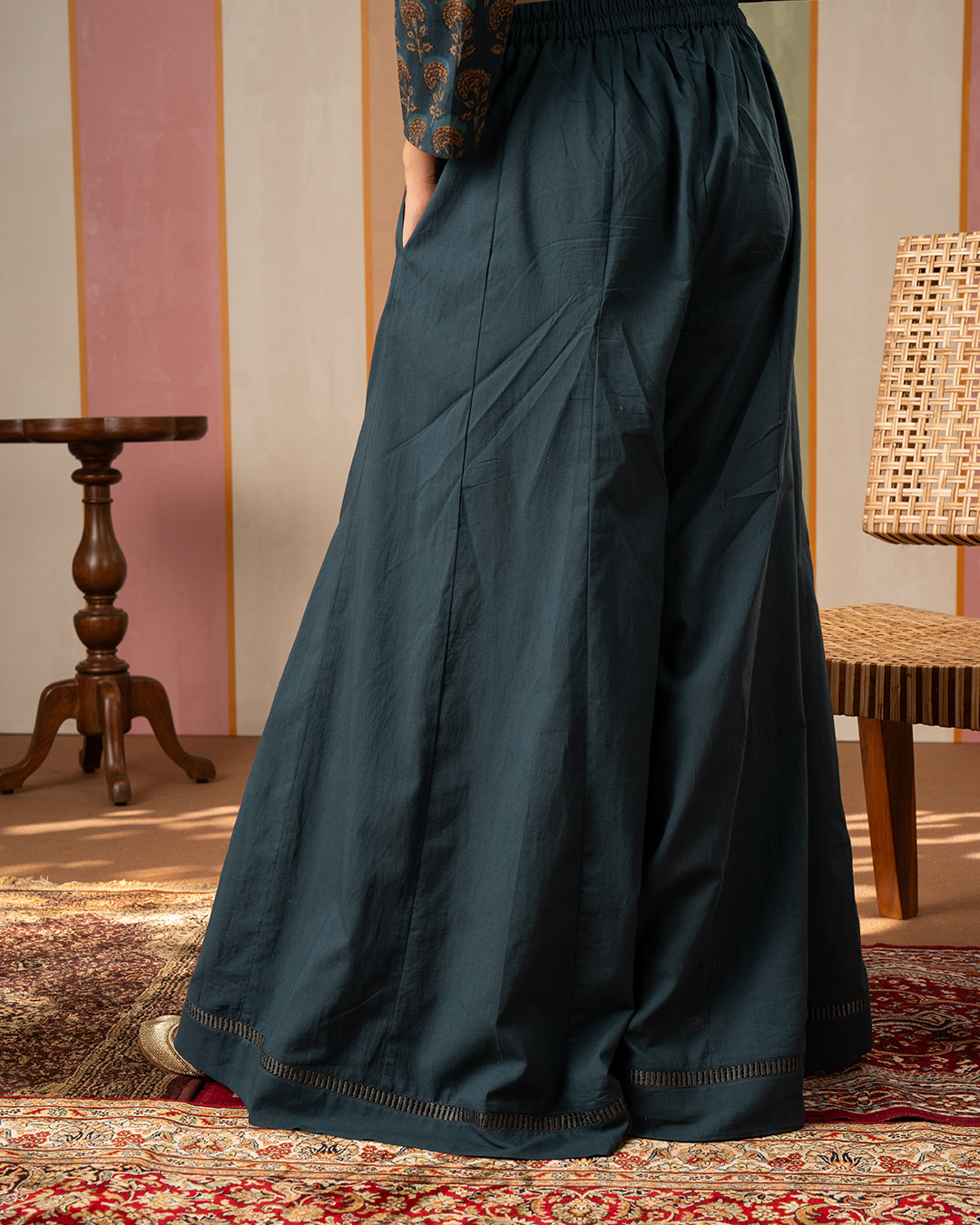 Blue Solid Cotton Palazzo Pants - Industale