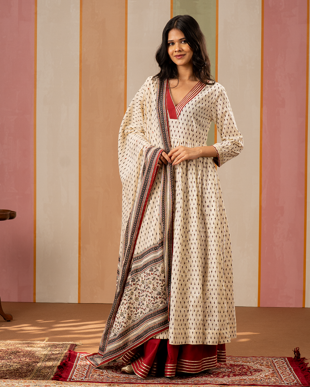 White Printed Cotton Flare Kurta Set - Industale