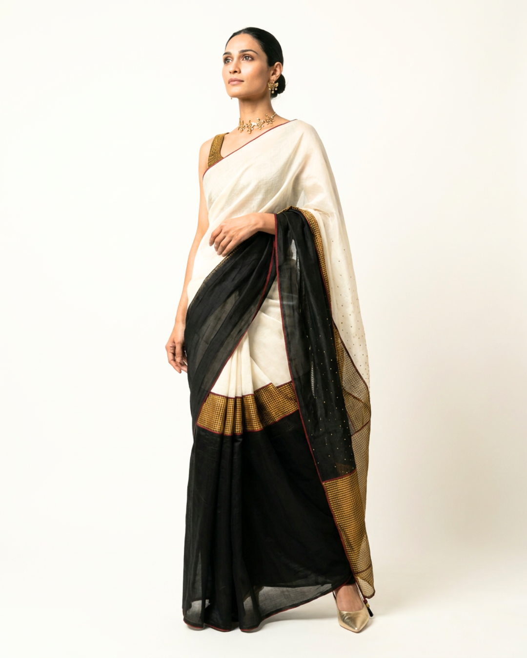 Goonj Chanderi Saree - Gold, Ivory & Charcoal