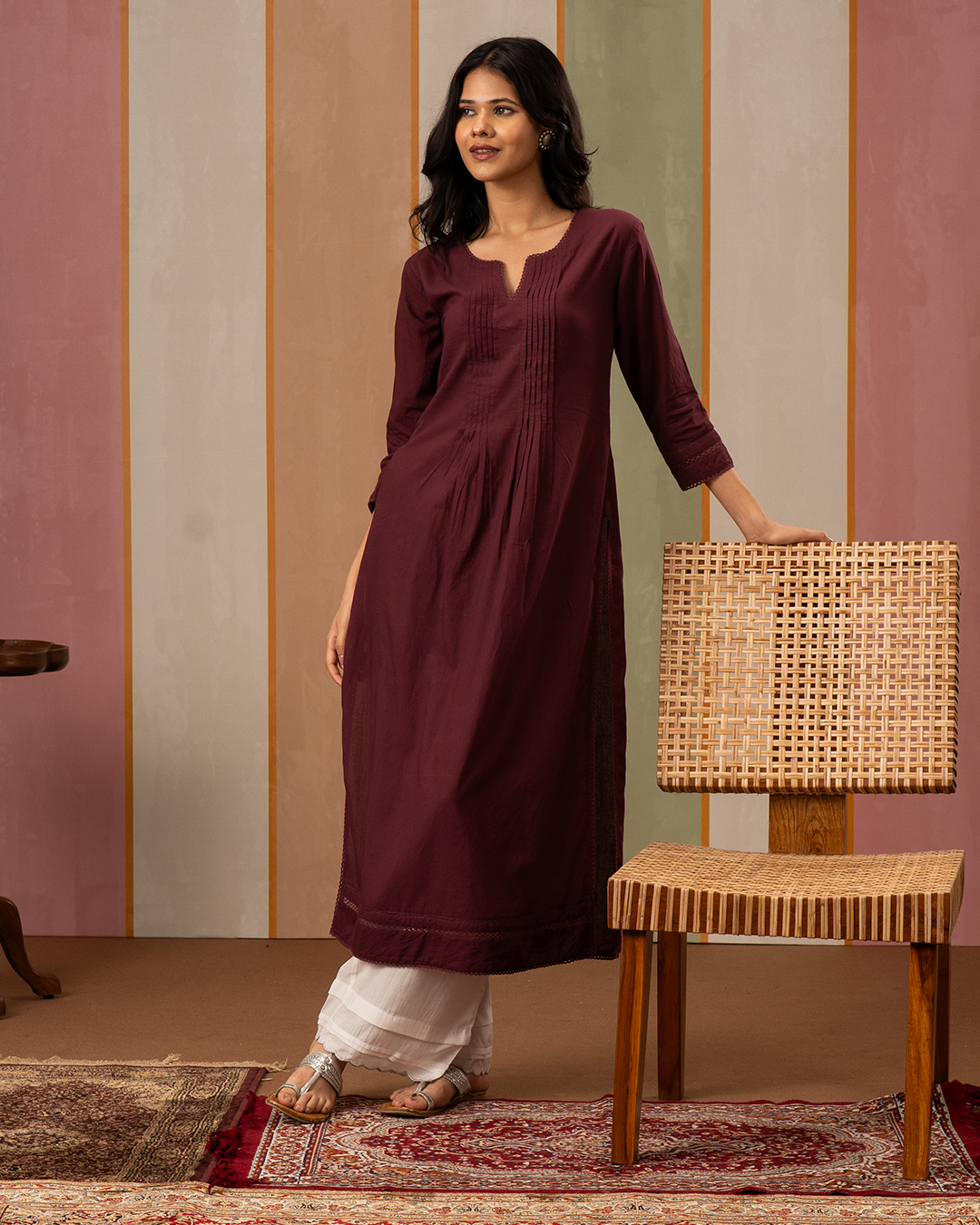 Purple Solid Cotton Straight Kurta - Industale