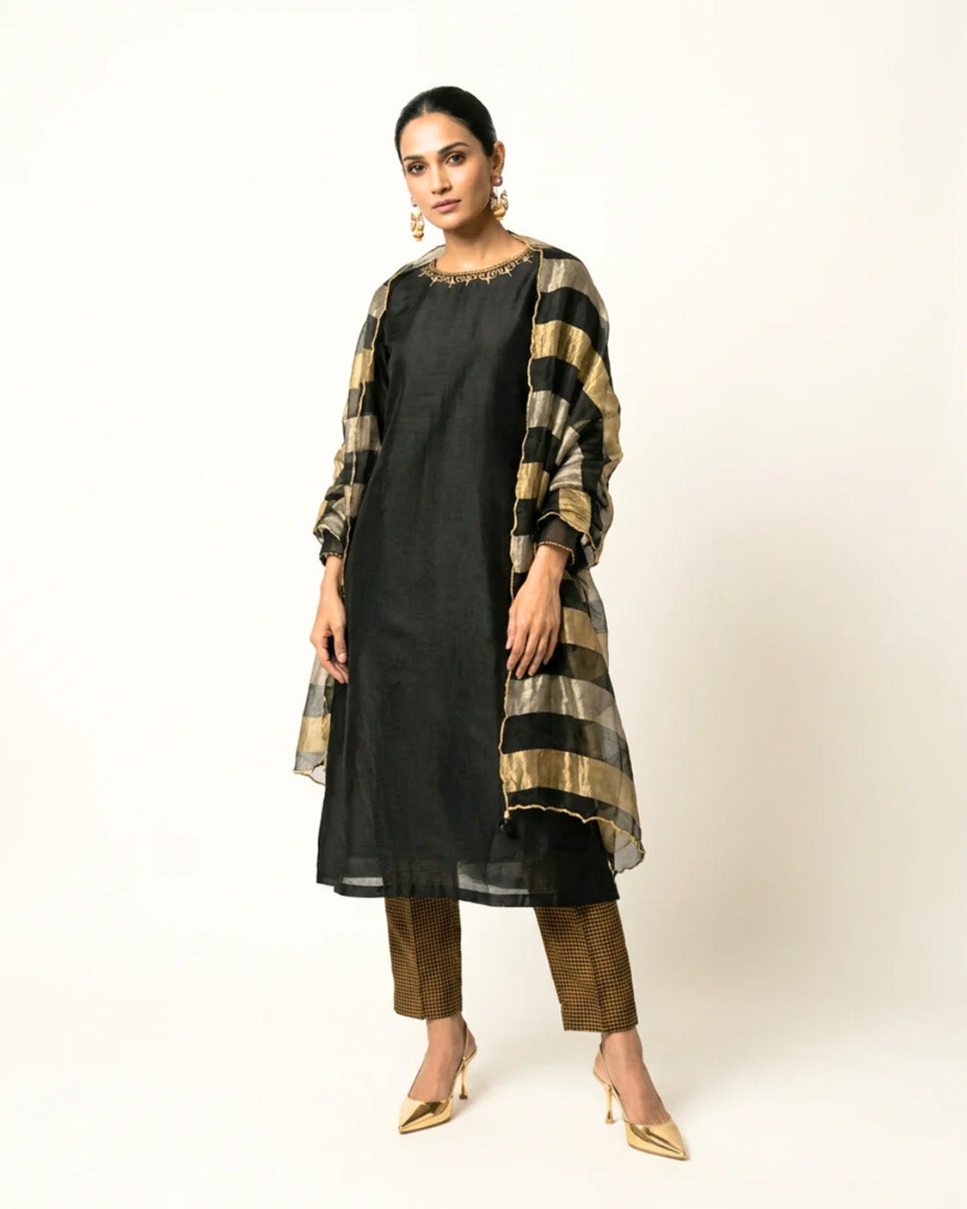 Kajal Chanderi Kurta Set - Charcoal & Gold