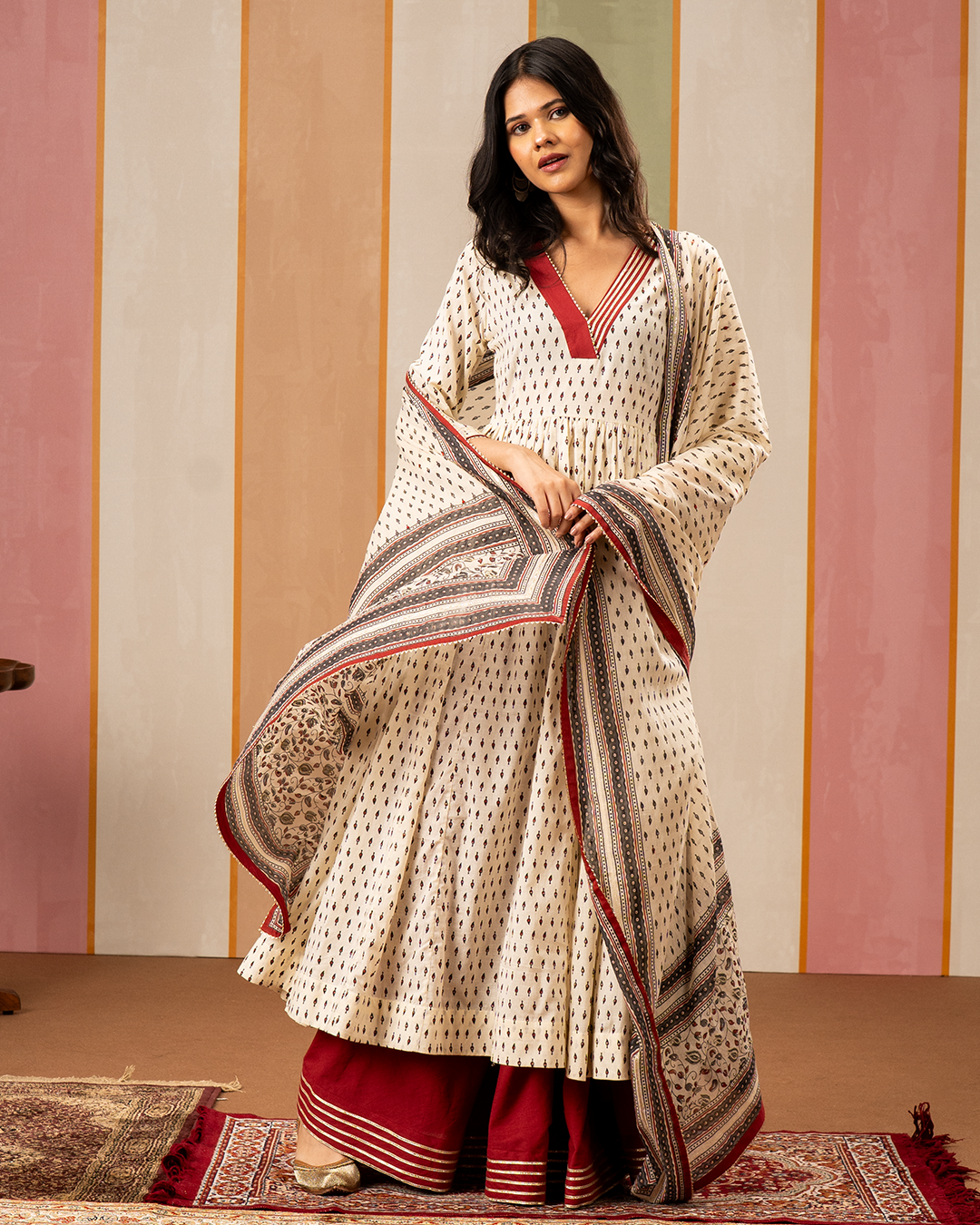 White Printed Cotton Flare Kurta Set - Industale