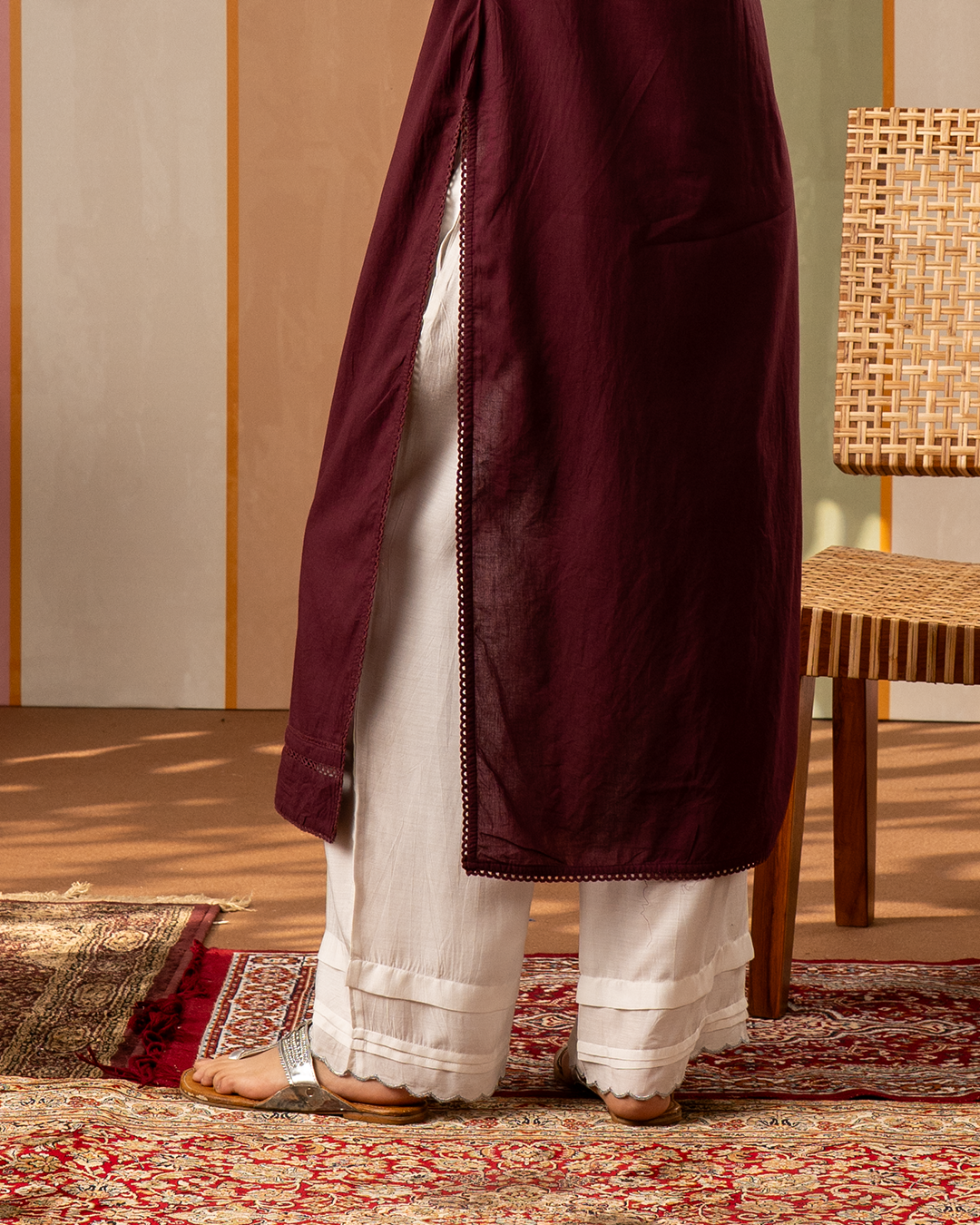 White Solid Pants with Silver Scallop - Industale