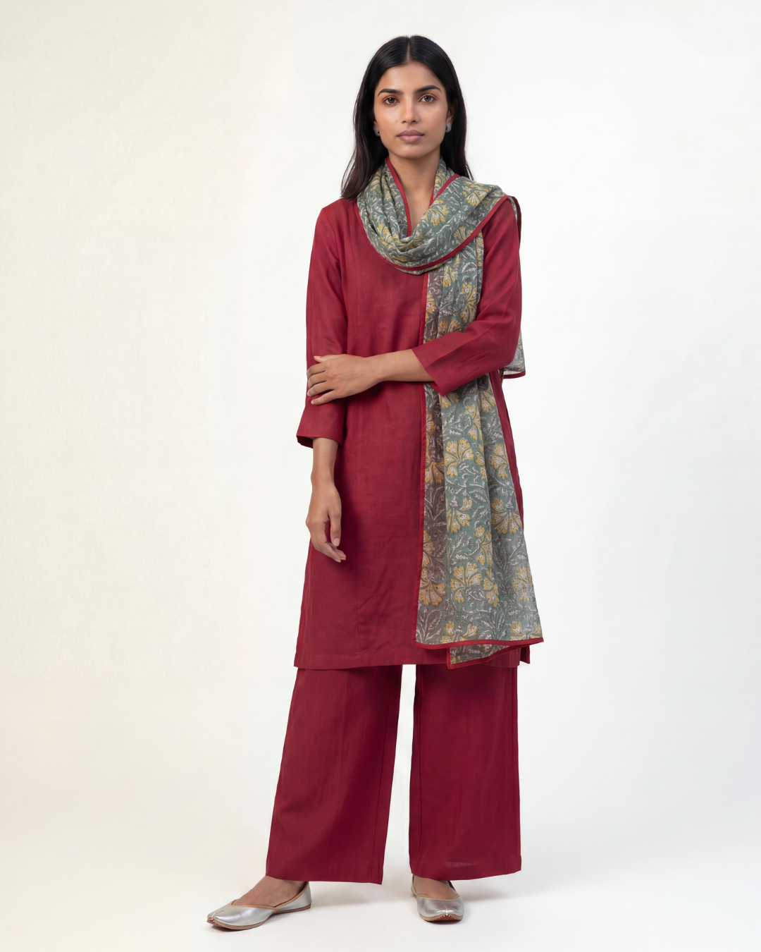 Dawn Linen Kurta Set - Crimson Red