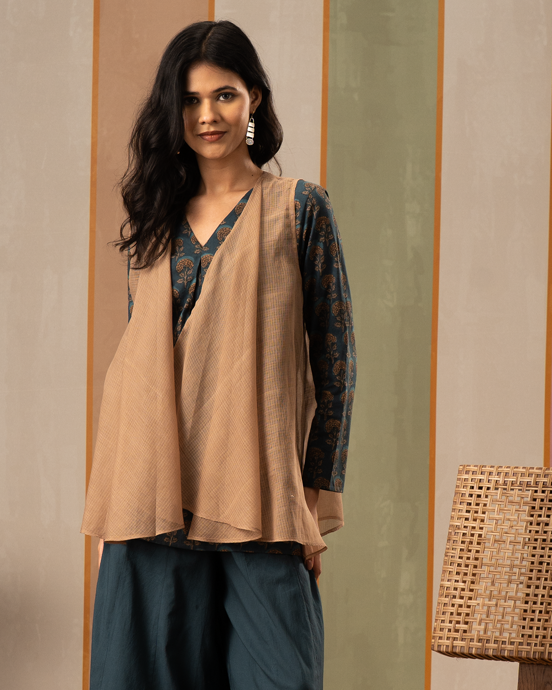 Brown Doria Sleeveless Assymetrical Jacket Shrug - Industale