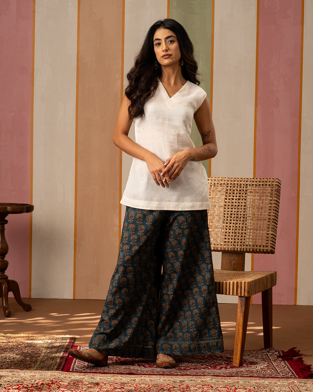 White and Blue Blockprint Cotton Doria Coord Set - Industale