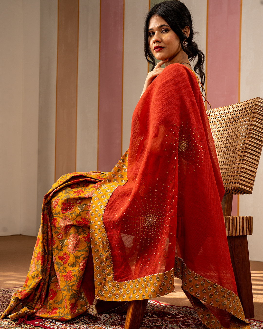 Red and Yellow Doria Blockprint Cotton Saree with Embroidery - Industale
