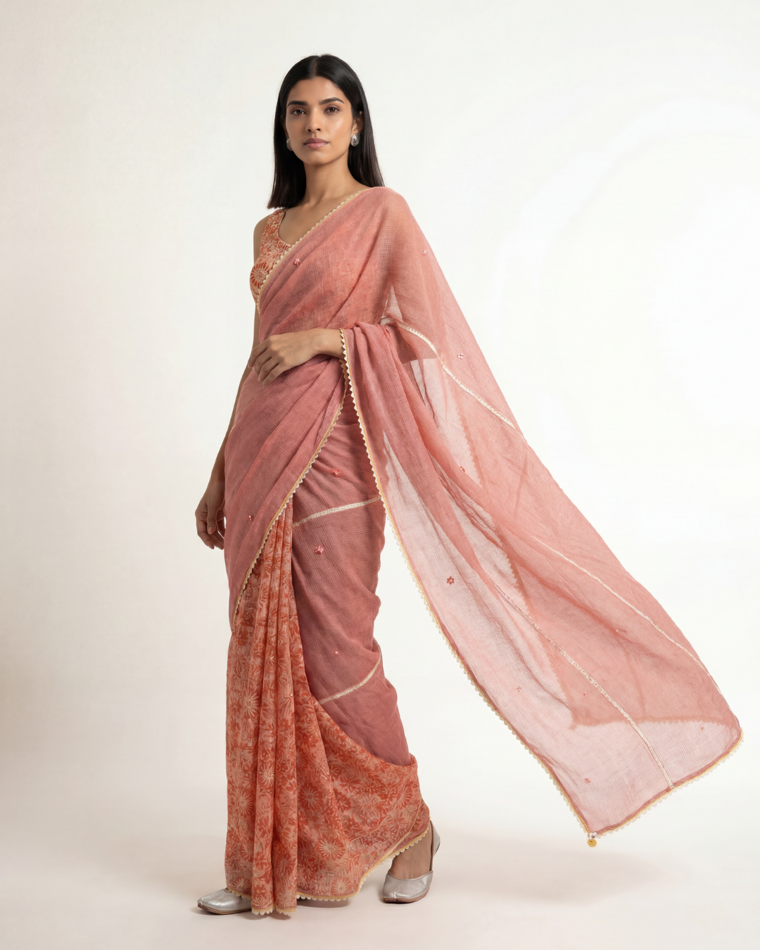 Sheen Doria Saree - Salmon Pink